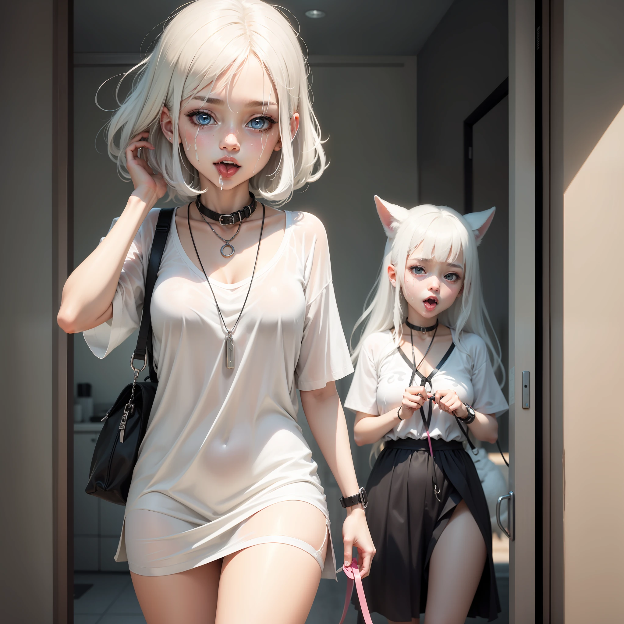 Tongue sticking out, White liquid on face, Shyness, White hair, Revealing clothes loli with a dog leash around her neck