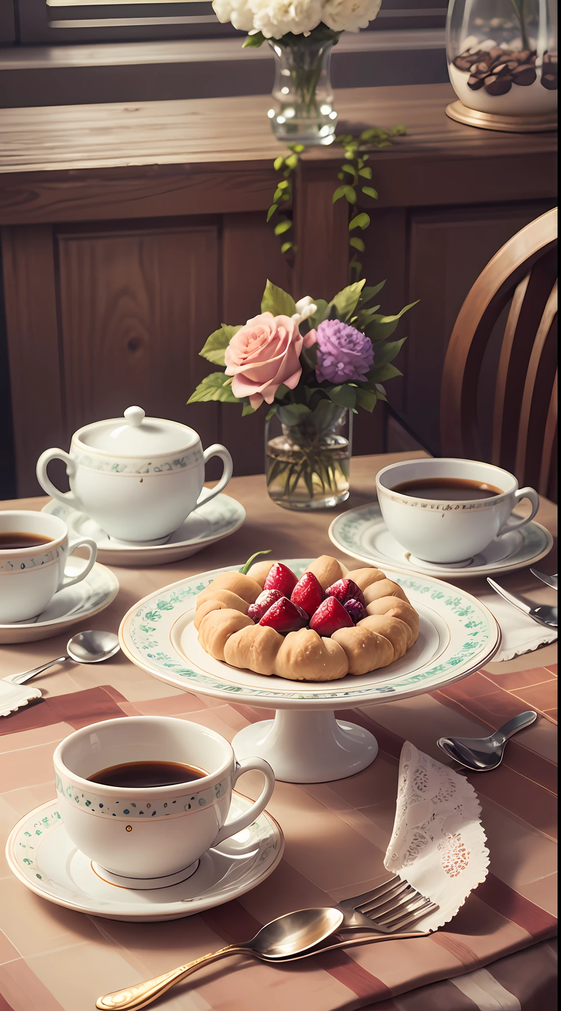 Coffee in a lovely gourmet cup,  Good morning, Estampados florales, Daytime lighting, Flowers, gracefulness, sugar, Coffee BeansPrint Flowers, Dessert, Lace, crystals,  golden lines, professional,  Realistic, Top quality, tmasterpiece, polka dot tablecloth, Full color, A pastry --auto --s2