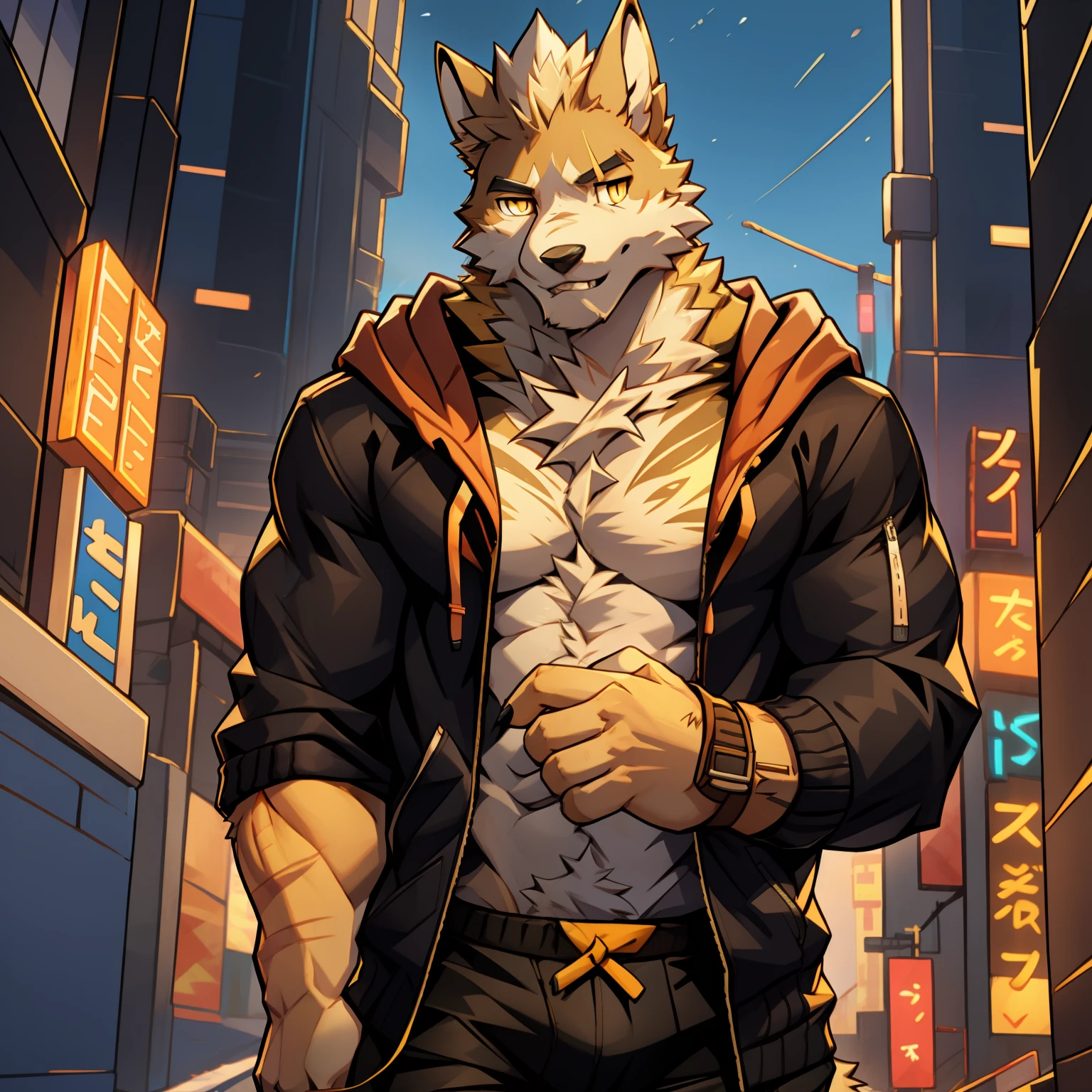 cooper krager， 独奏， looking at viewert， The shirt， 1boy， jaket， malefocus， opened clothes， hooding， Black shirt， hoody， musculous， chest muscle， big muscular male， Bala， jaqueta com capuz， nightcity， neonlight， hairy pubic， Yellow fur， Black colored eyes，no clothes are worn