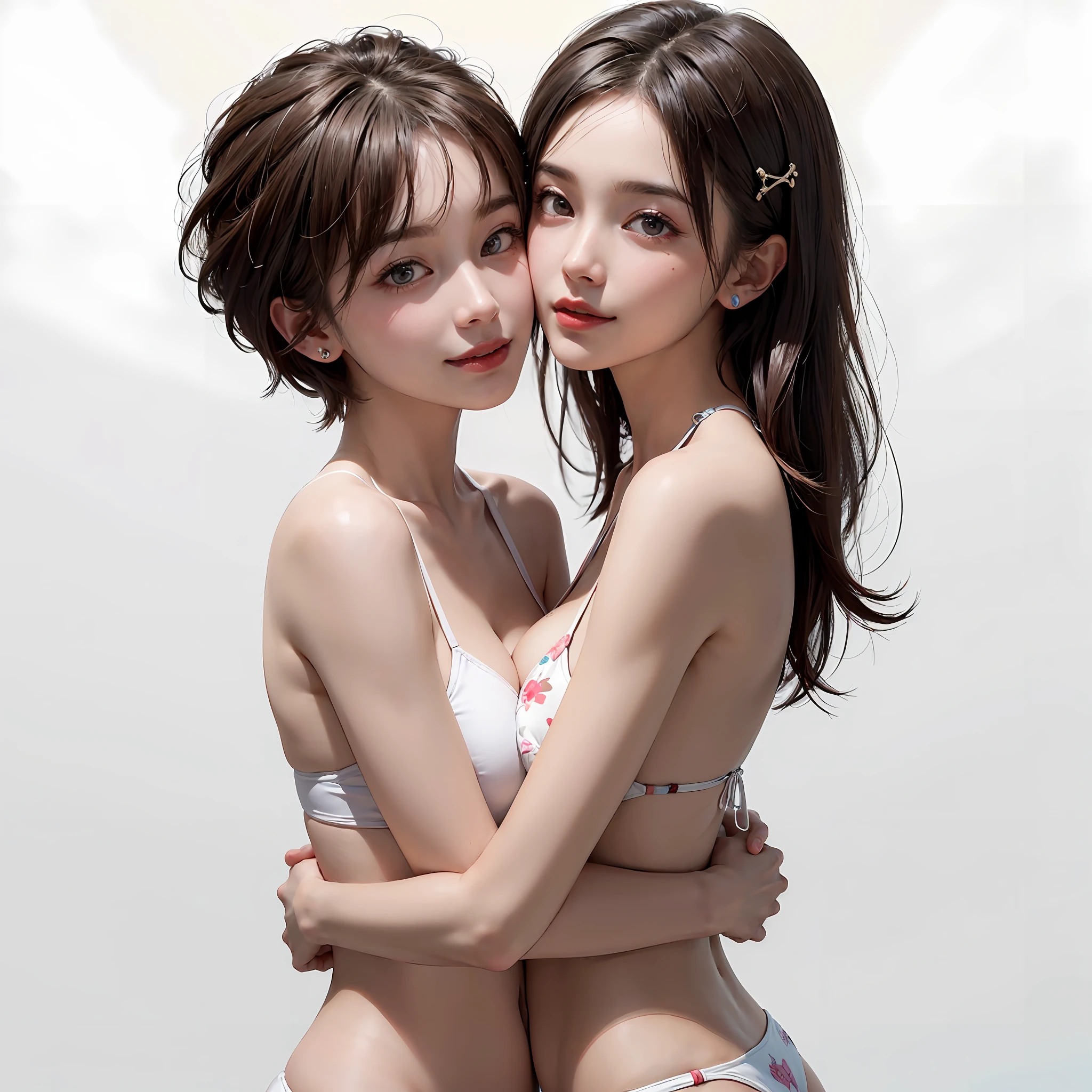 Two people facing each other and hugging happily、Two people hugging each other happily、Two people hugging each other tightly、Both of them stare intently at the camera、Lesbian couple、Lily couple、((Kissing on the cheek))、Two pretty and pretty girls、masterpiece、top-quality、realisticlying、realisitic、Seductive bright smile、Both of them have short clean hair with bangs、Both have short hair、clean hair with bangs、The bikini、(Very small bikini)、Sleeveless、enticing eyes、Both have big breasts、large full breasts、(cleavage of the breast)、(Immaculate white background with nothing really)、(24 year old)、ighly detailed、tall、neck long、Straighten your back、Put your ears out、Highlights in the eyes、lipgloss、glowy skin、White-colored skin、Clean collarbone、closes mouth、Close your mouth and smile、Happily、Nice proportions、lovely、Charming and endearing、Bikini in colorful random colors、((Both have short hair))