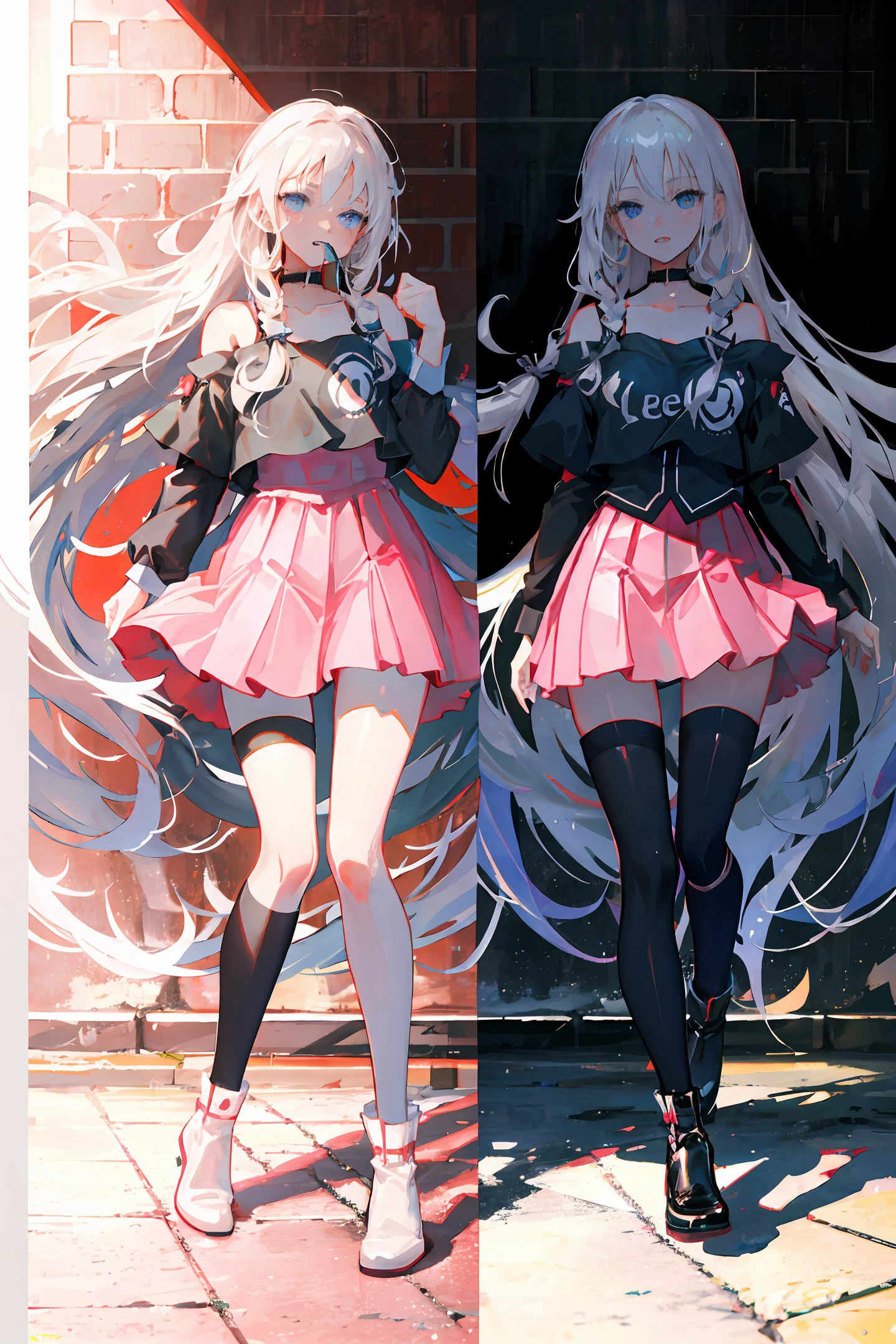 long white hair,black lence stockings,pinkdress,Foot on a nuclear bomb,Fighter in hand,A beautiful girl with a temperament that bites a grenade in her teeth