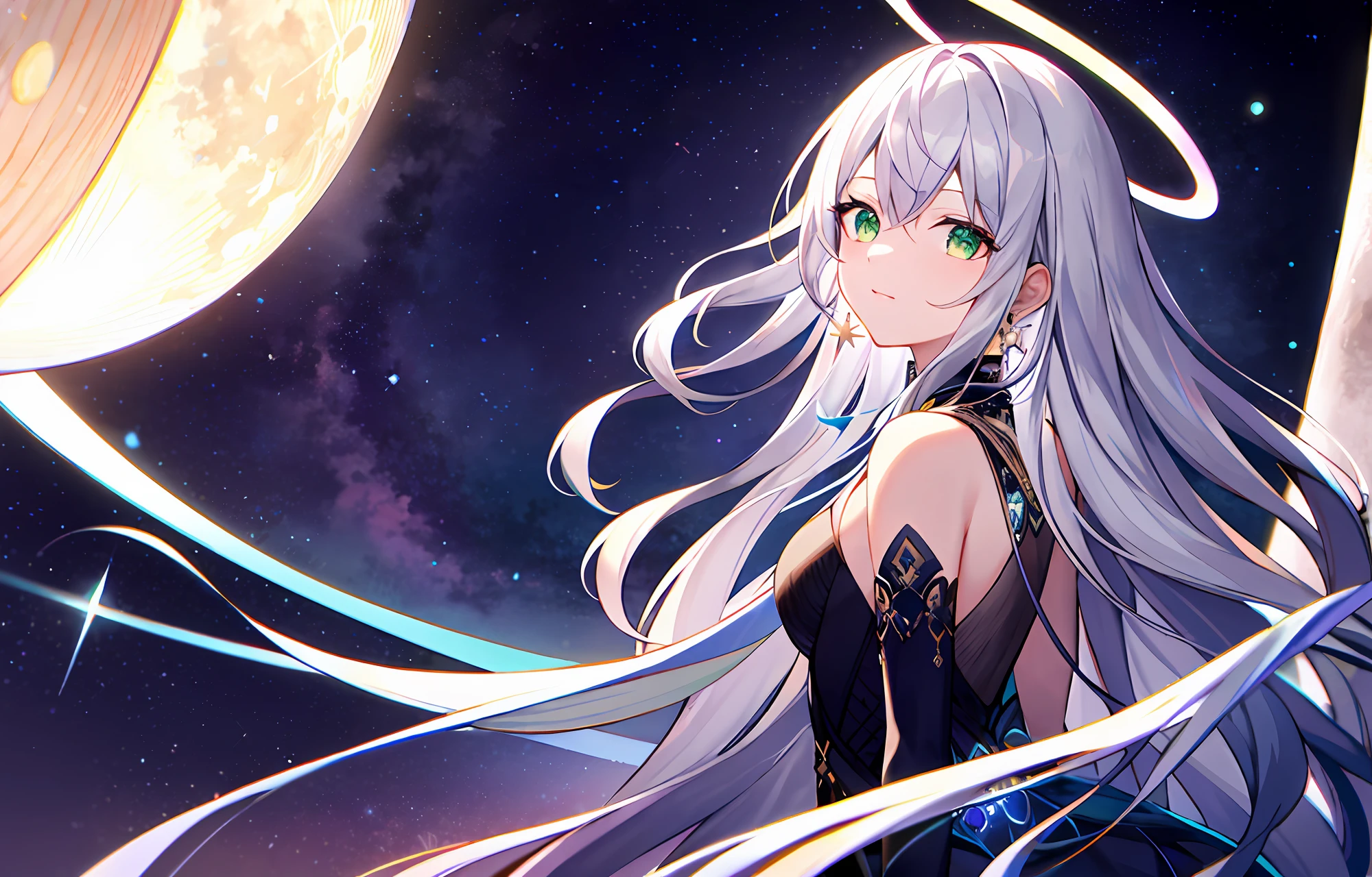 （8K masterpiece，best qualtiy：1.6），detailedbackground，amethyst，Crystal clusters，long whitr hair，green earrings，whaite hair，blueneyes，Silver dress，The halo，light circles，As estrelas，themoon，The color is bright