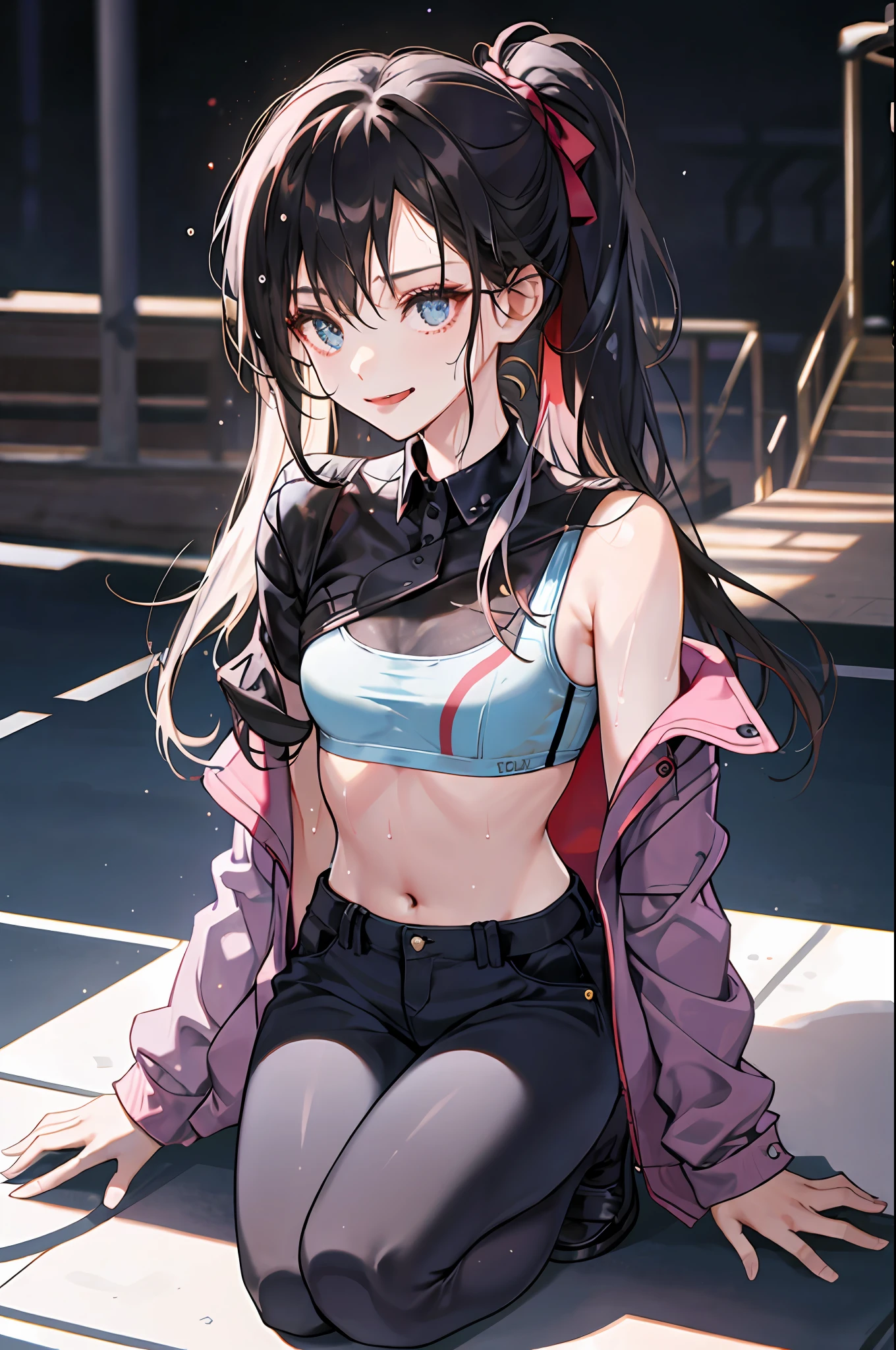 A girl, kneeling on the playground after school, (full body visible)), away from the audience.
She is a beautiful, pretty, cute, cute, young, ager.
She is slim, slender, petite, thin, (flat-chested), (small boobs), (small breasts).
She was sweaty, wet, and drenched. The clothes are transparent, there is sweat on the skin, and the hair is wet.
She grinned and smiled. She looks natural, relaxed and unpretentious.
Scheming face. Make faces. (sticking out his tongue), telling a secret, hiding a secret, shyness, excitement.
She stared at the audience.
She wears a black ponytail.
She wears a school uniform, a rolled up blue collared white shirt (under the shirt is a colored corduroy sports bra), blue shorts, and wears two layers.
Shirtlift, .(((She lifts her shirt, revealing the sports bra underneath))).
Camera focused on her face, light shining on her face, very large aperture, ((f/1.2)), shallow depth of field, strong blur in background lens, ISO 3000, auto white balance,
Extremely detailed, professional lighting, soft light, original photos, Uniqlo fashion models,
best quality, masterpiece, award-winning photography, huge file size, 8k, high resolution,
Shot on a Sony DSLR.