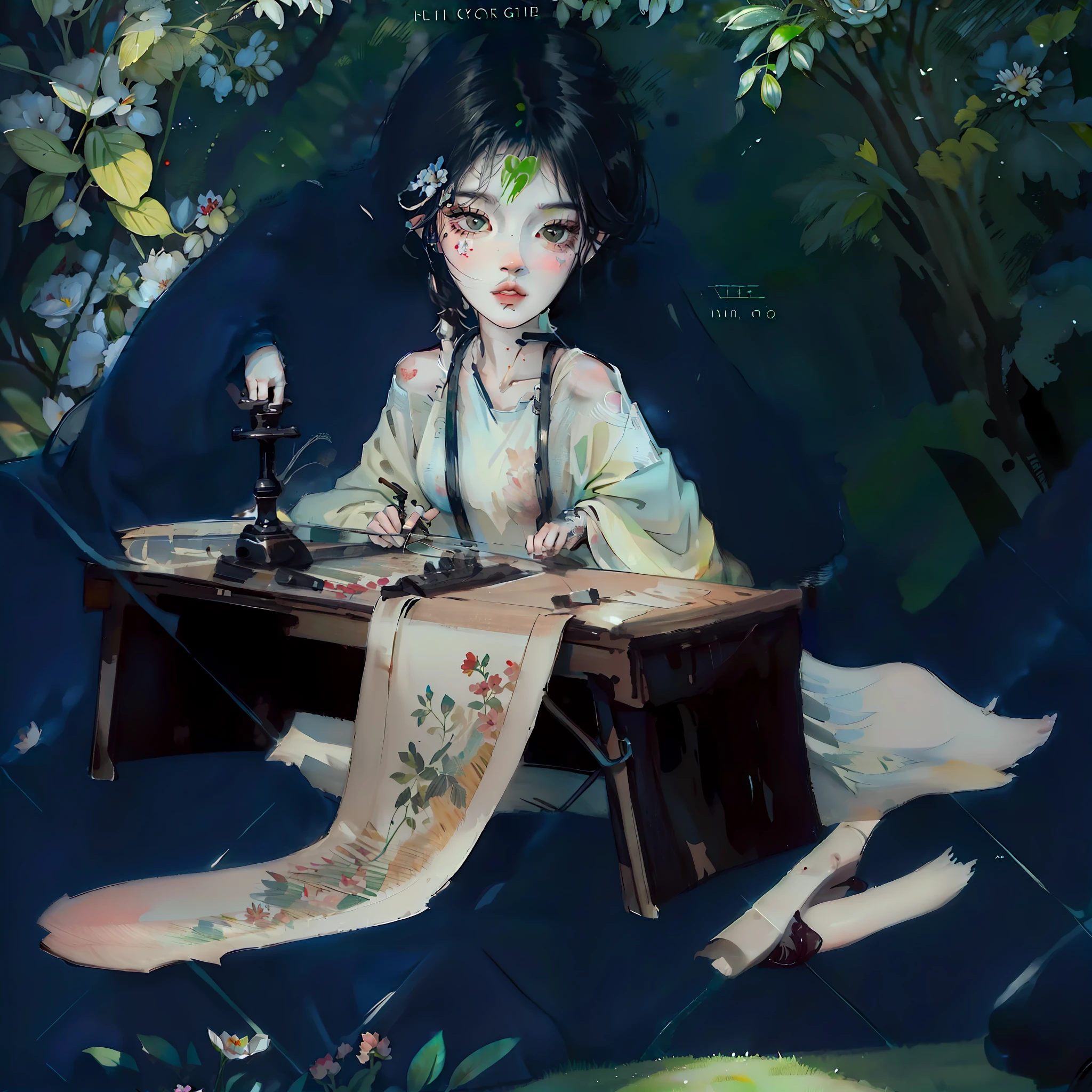 Gentle girl,In a large patch of green grass and flowers