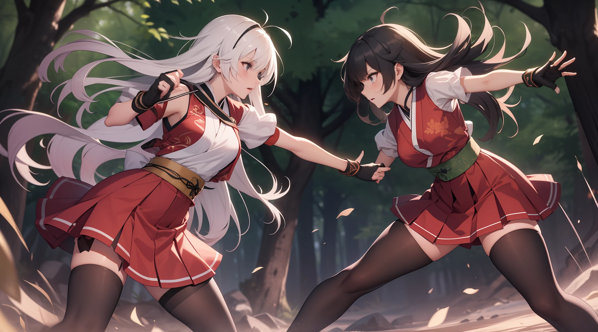 Full body shot of fighting between two female character holding short sword, 1 versus 1. They are fighting in a fierce duel death match, face to face with serious expression. They have long loose hairstyle, small thighs and slender legs. They are wearing different color of traditional sleeveless kimono with pleated skirt, with an obi tied on back hip, a pair of thin long black elbow gloves,a pair of black thigh highs, and black shoes. Background set in a lush forest
