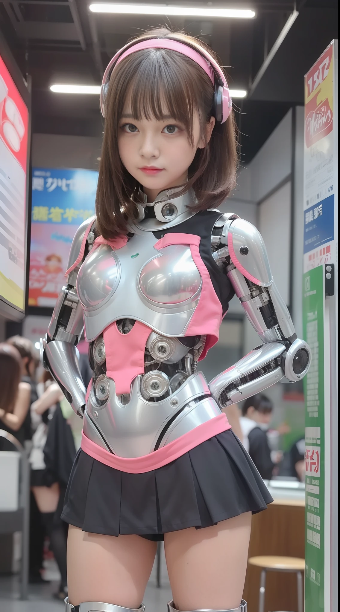 (Photorealsitic:1.4)、Onegirl、(top-quality),(hyperdetailed face)、(Super well-formed face)、((Robot Parts))、(Cyborg girl)、(pink there)、(Silver)、(metalic)、(fullllbody)、(Moe Pose)、(Slender body)、(tits out)、(Model body type)、(mecha exposure)、(akihabara)、(is looking at the camera)、(A dark-haired)、(9Head and body)、(a small face)、(Idol)、(front facing)、(is standing)、(Photo session)、(Looks sad)、(Cyborg girl in stage costume)、(sleeve less)、(a miniskirt)