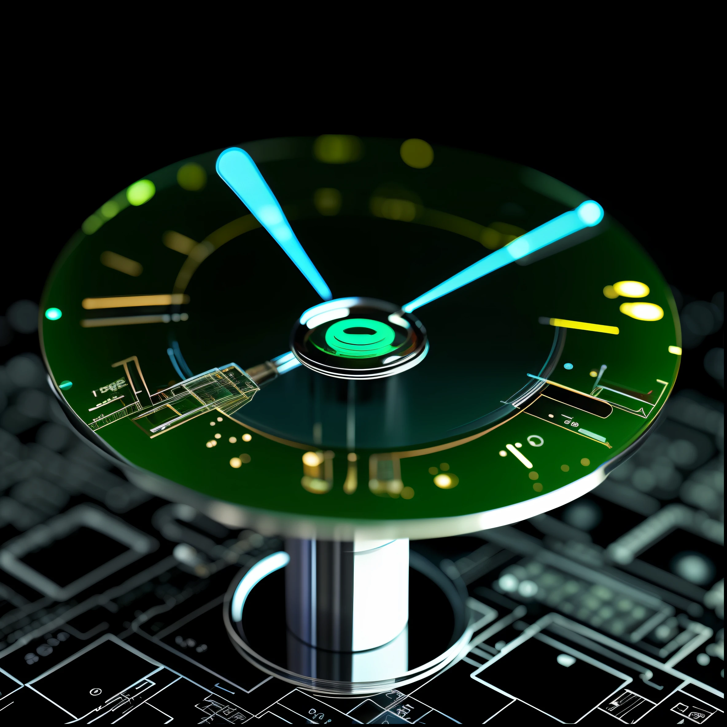 Close-up of an interactive installation table,There is a toggleable pointer on it,There is a glass button in the center that can be pressed,Depicted as 3D shaded,greenish tinge,sense of science and technology,Futuristic,Smooth lines,Unreal background