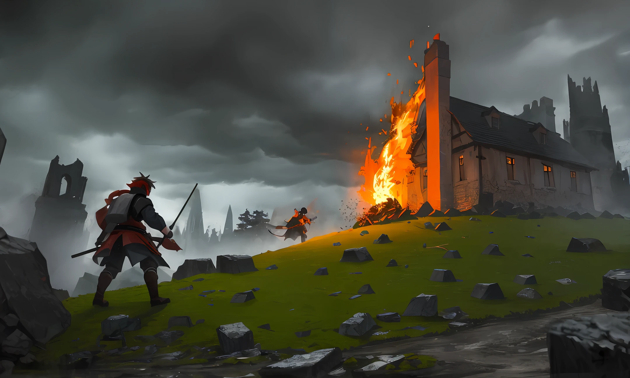 ,Dark weather,storming,Moss dense,Stone material,Huge people,rampage,trampling,destroy,Honkai,blasts,flame of war,karo,Medieval farmhouse background,