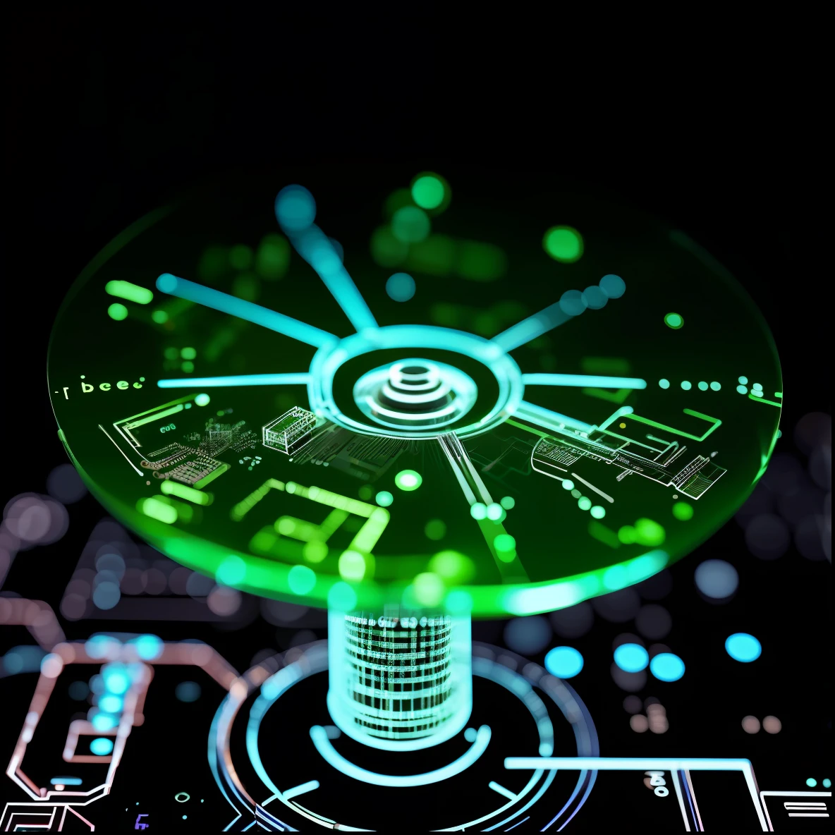 Close-up of an interactive installation table,There is a toggleable pointer on it,There is a glass button in the center that can be pressed,Depicted as 3D shaded,greenish tinge,sense of science and technology,Futuristic,Smooth lines,Unreal background