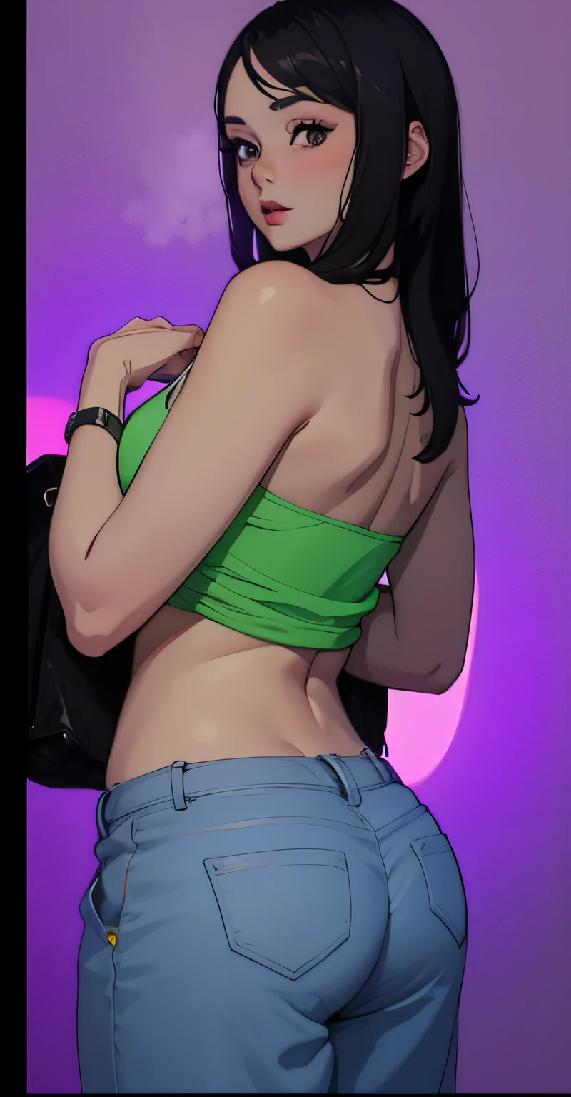verano, DESIERTO, nubes rosadas, A land covered with roses meets beautiful girl, James Gurney, rendered art station, lente ultra gran angular, Hi-Def. Un primer plano de una mujer con un top verde y pantalones azules, Thicc, Sexy cuerpo caliente, cuerpo sexy, Vista posterior, sexy girl, shot from behind, close-up shot from behind, neon edges on bottom of body, pose sexy, hot petite teen girl, View from behind, showing her shoulder from back, look sexy, Brillando con luz de color