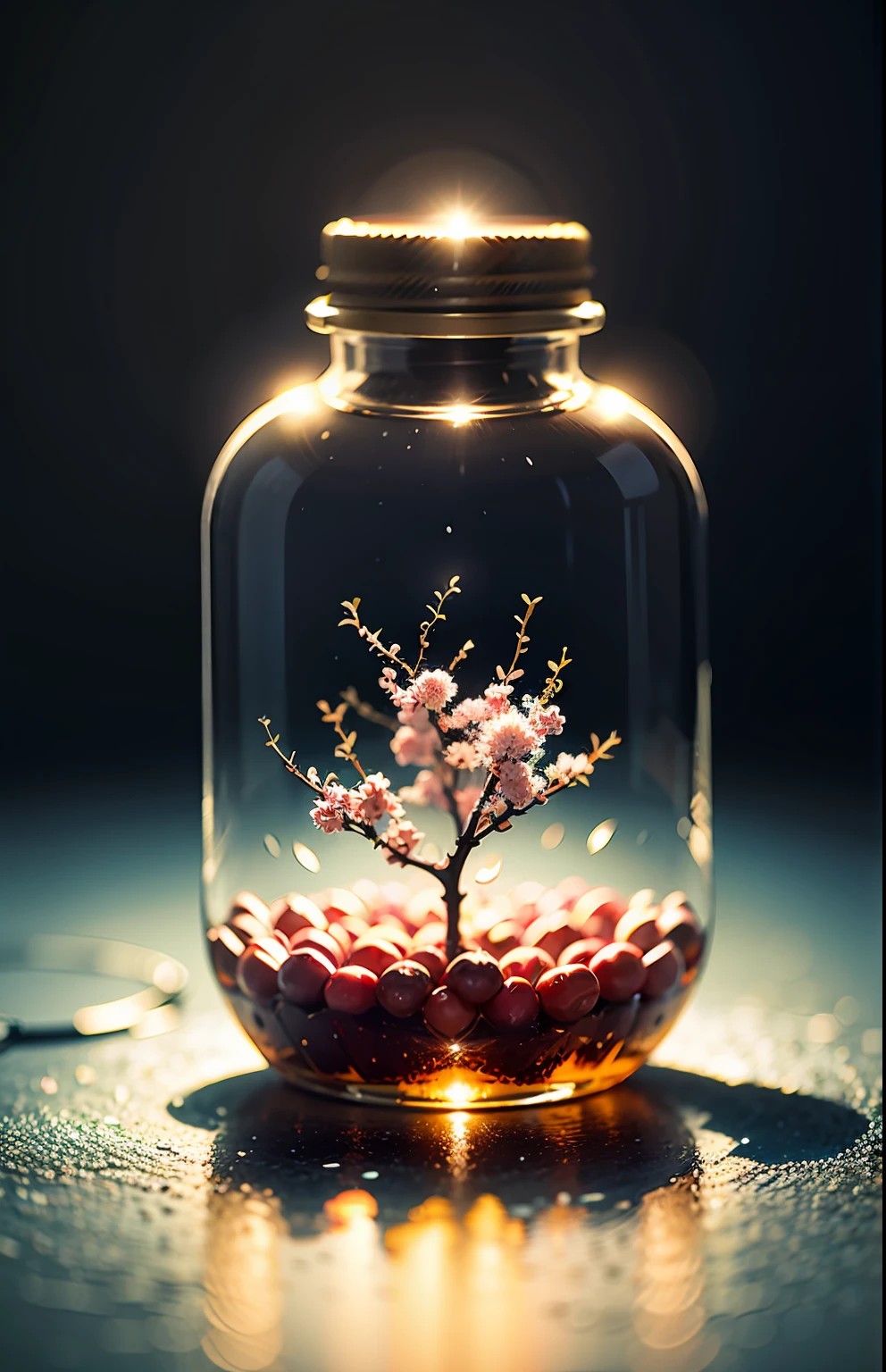 Cherry tree in a bottle, fluffy, realistic, atmospheric light refraction, photographed by lee jeffries, nikon d850 film Stock Photo 4 Kodak portra 400 camera f1.6 lens, rich colors, ultra realistic realistic textures, dramatic lighting, unreal engine trending on artstation cinestill 800, Style-Glass