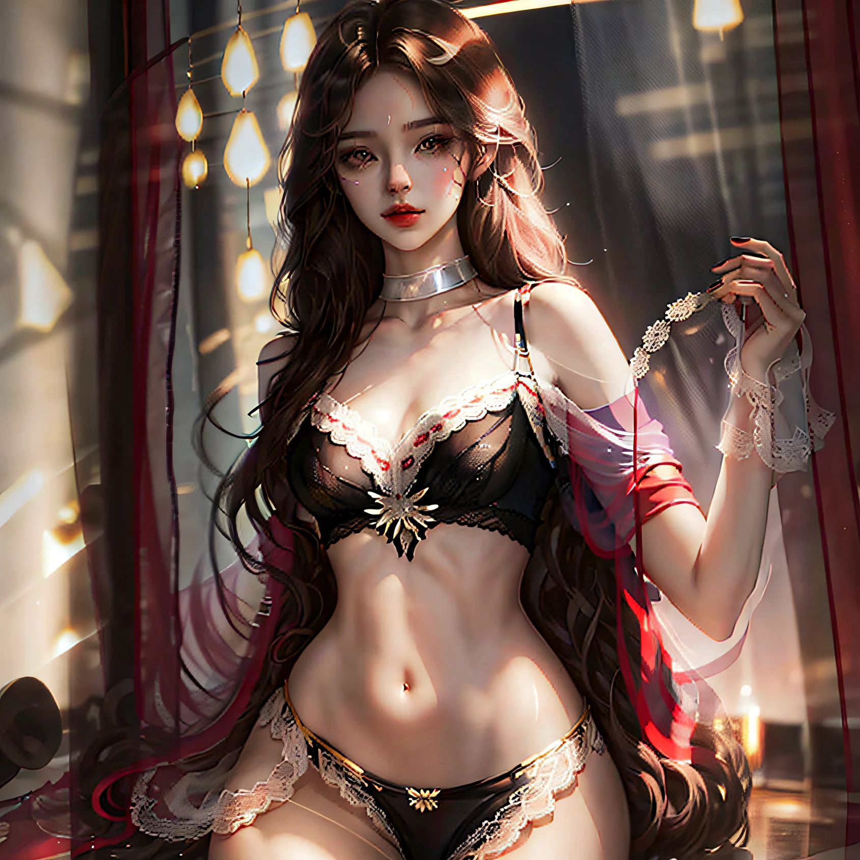 Royal sister face，white stockings，Big black wavy hair，D-cups，Top sheer，Underwear looms，black lace cleavage underwear，pleatedskirt，Full body photo。 --auto