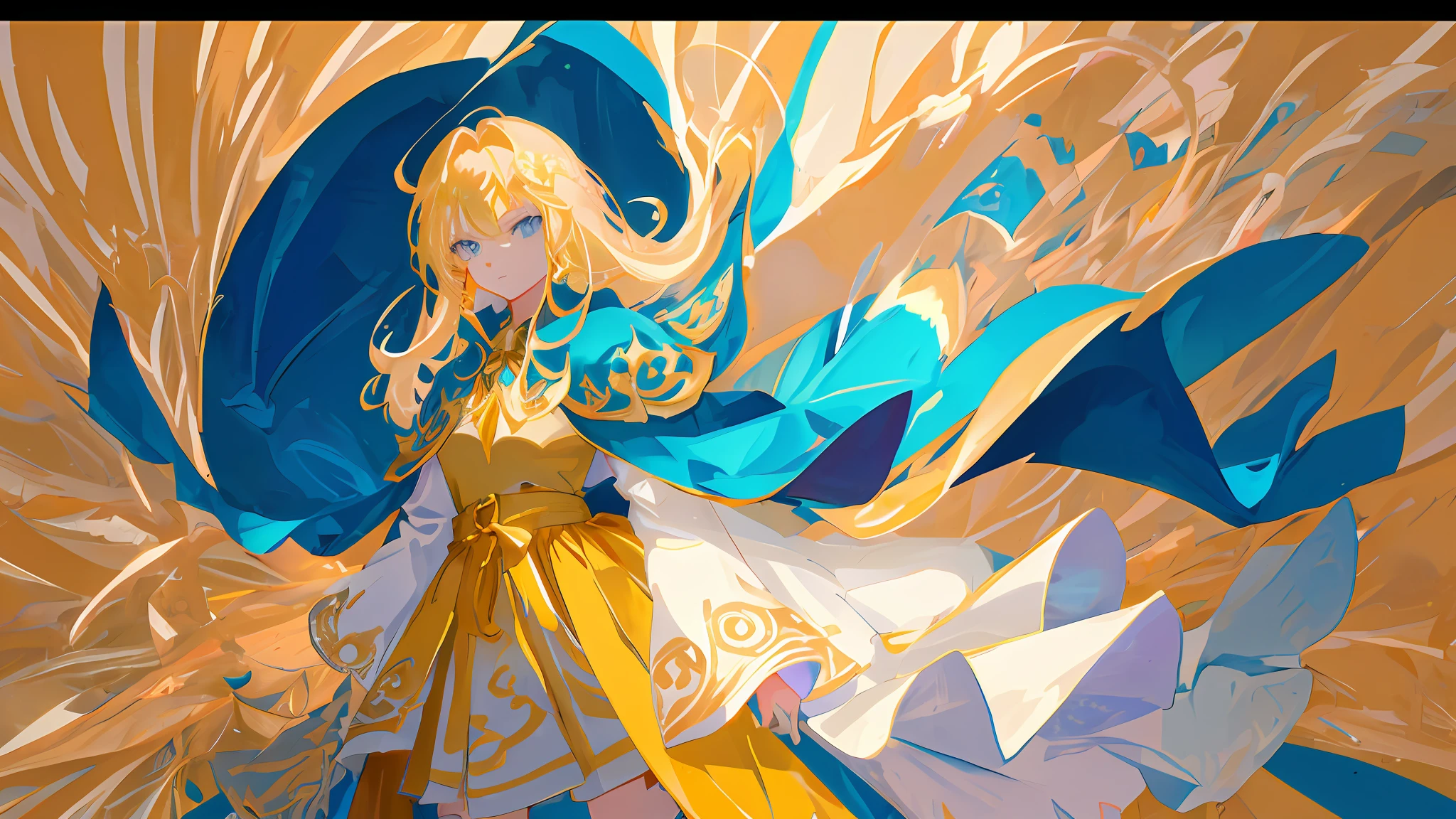 anime - style image of a woman in a golden dress with a blue cape, trending on artstation pixiv, Detailed digital anime art, Anime art wallpaper 8 K, Digital art on Pixiv, Guweiz in Pixiv ArtStation, Guweiz on ArtStation Pixiv, 8K high quality detailed art, Anime art wallpaper 4 K