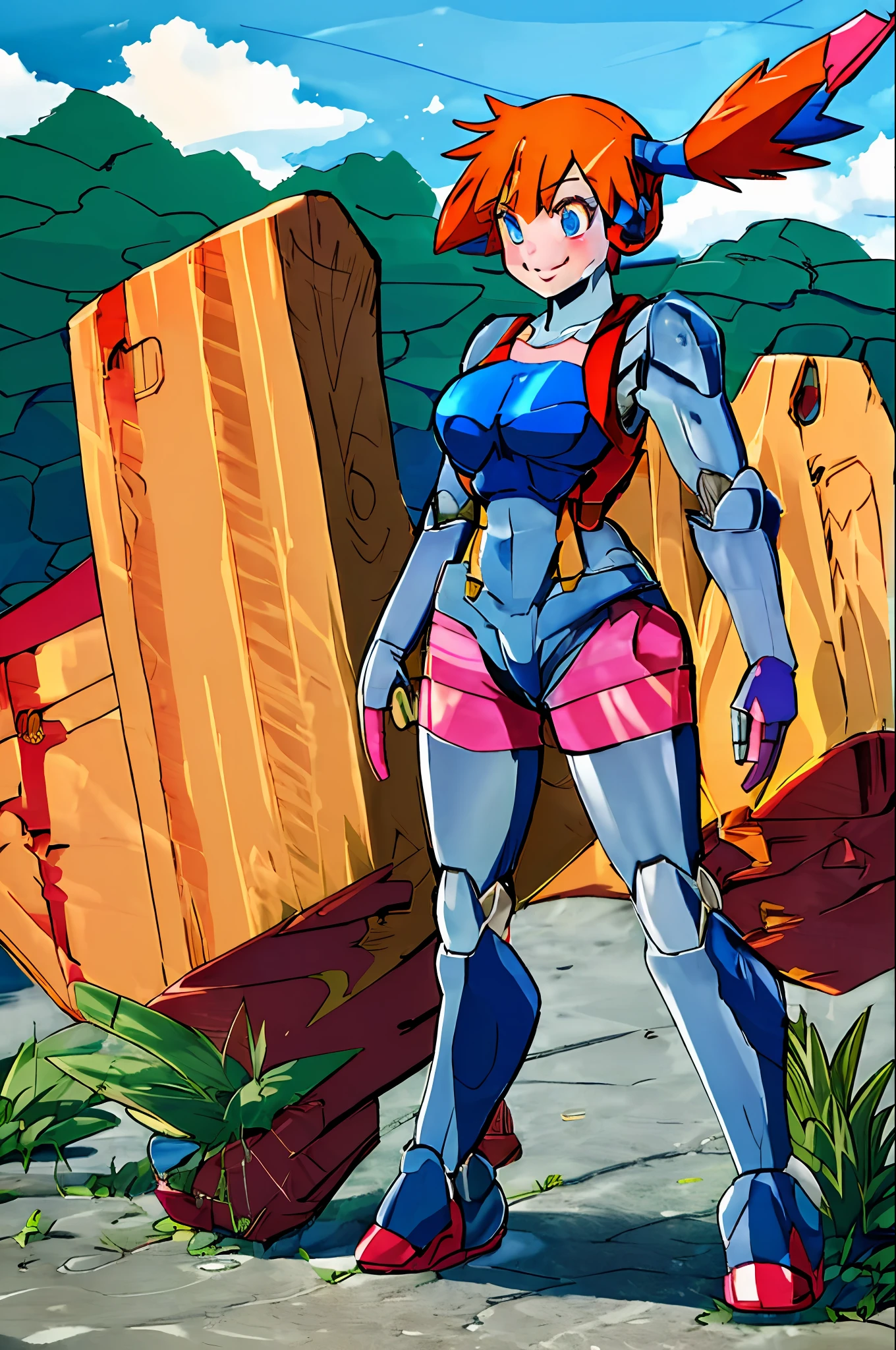 masterpiece, best quality, highres, 1girl, misty (pokemon), orange hair, solo, shorts, suspenders, side ponytail, orange hair, midriff, yellow crop top, navel, short hair, denim, denim shorts, smile, cowboy shot, standing, outdoors, 1Girl, Heavily armored, cybernetic heavy armor, arm gloves, knee-height skirt, heavy cybernetic boots, heavy cybernetic arms, heavy cybernetic torso, waist belt, megamanX heavy armor, bulky megamanX armor, reploid armor, Pokemon_Misty Face, heavy Hair, Armored cone dress, Extremely Heavy body armor, large wide dress, Waitor Dress, Heavy Torso Armor, wearing headset, wearing scarf, wearing hair bandanna, pokemon-Ranger outfit, heavy ranger outfit