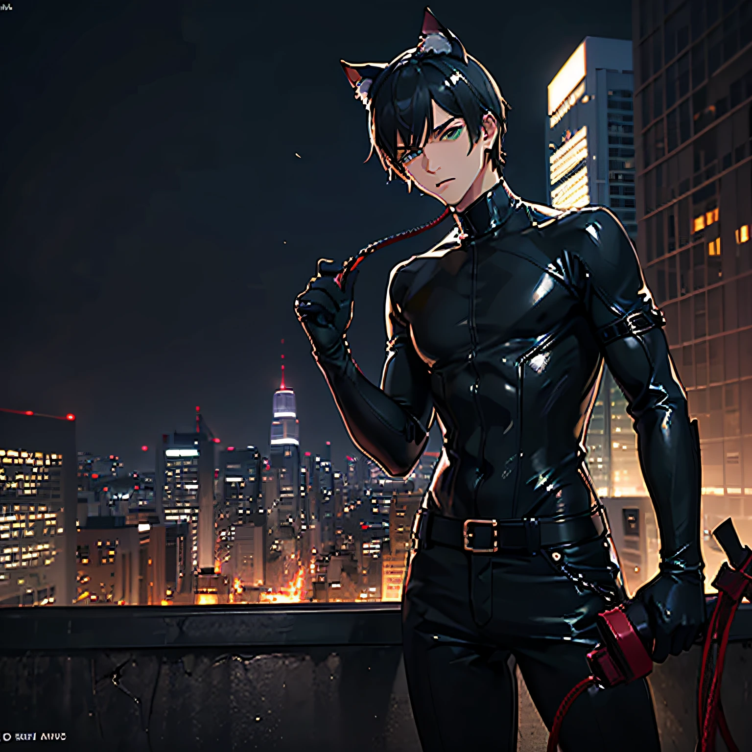 A man dressed as a catwoman, holding his whip, standing on a dimly lit rooftop at night, overlooking a sprawling cityscape with illuminated skyscrapers and bustling streets below. The atmosphere is mysterious and edgy, with a slight drizzle adding a sense of anticipation. The man's outfit is sleek, featuring a black leather bodysuit, cat ears, and a mask with piercing green eyes. The whip he holds is coiled around his gloved hand, suggesting both danger and control. Capture this scene through a high-quality, low-light photography style using a full-frame DSLR camera with a 50mm prime lens, creating depth and emphasizing the urban noir ambiance. --ar 16:9 --v 5 --auto