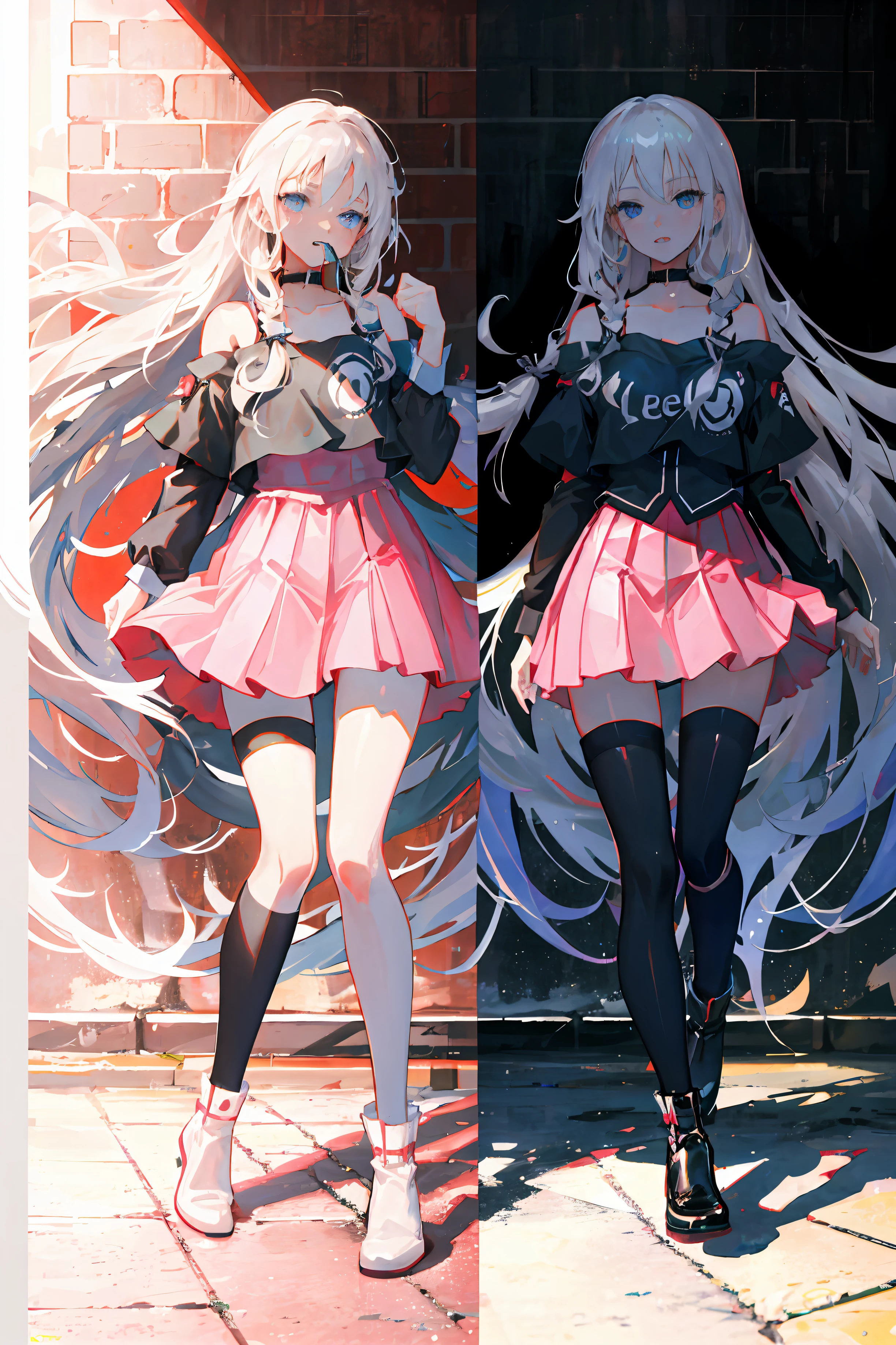 long white hair,black lence stockings,pinkdress,Foot on a nuclear bomb,Fighter in hand,A beautiful girl with a temperament that bites a grenade in her teeth