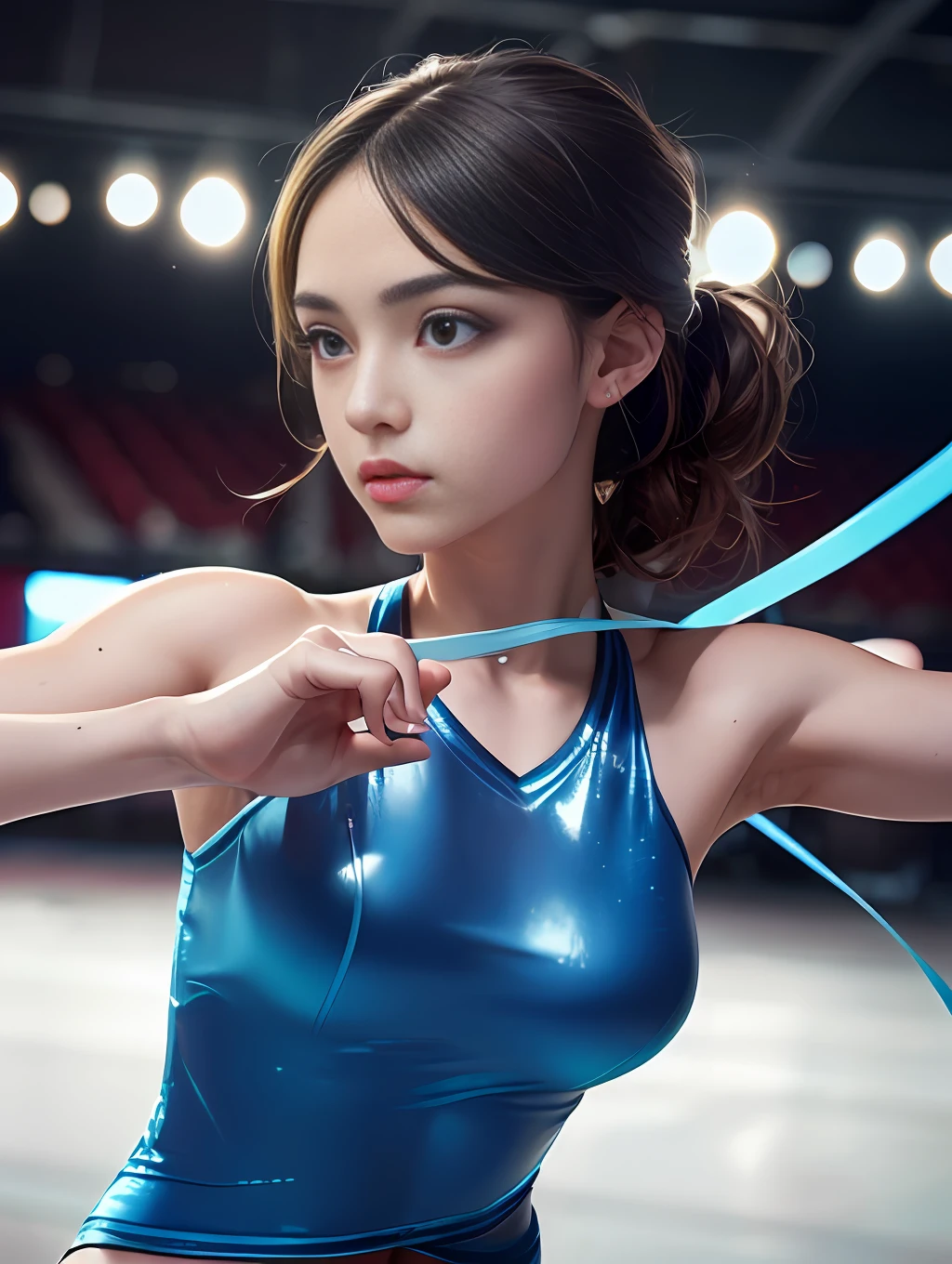 rhythmic gymnastics uniform,high quality fingers, normal hands, detailed fingers,masterpiece, (realistic, photo-realistic:1.37), (teenage girl), medium breast, small waist, dark hair, blue eyes, beautiful face, perfect proportion, beautiful detailed eyes,looking away,（sweat:1), rhythmic gymnastics venue