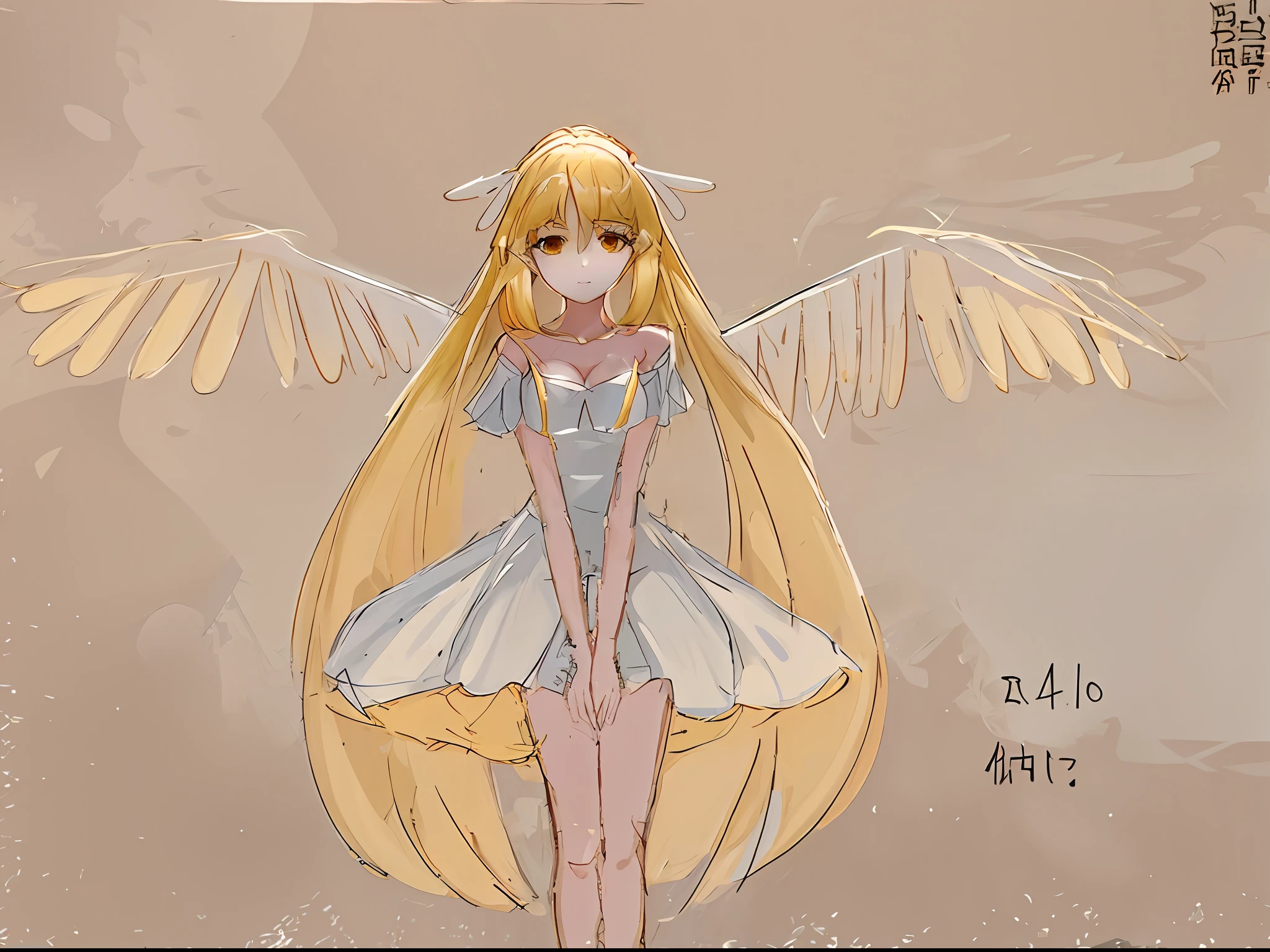 drawing of a woman with wings in a dress, Anime goddess, anime big breast, with large wings, It's an angel, In heaven,Sunlight shines,white dresses,Golden hair,Large white wings,White skin of the,goddes,gentleness