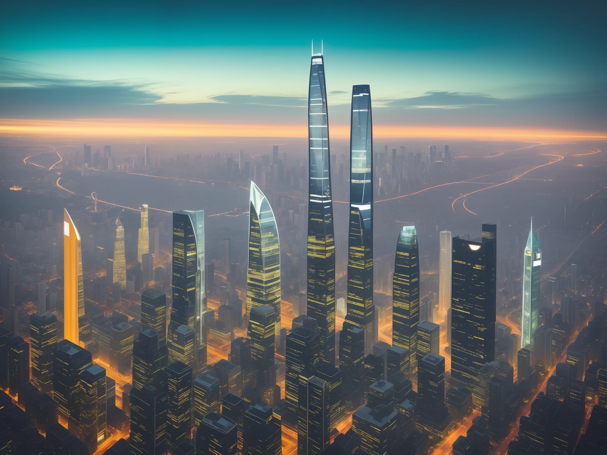 Near Future City、look up to、Masterpieces in detail、highrise buildings、green grass、nighttime scene、