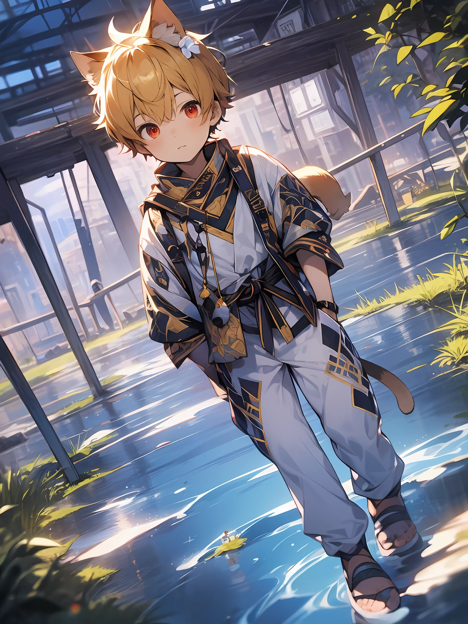 three fourths view，Shota，Golden hair，**ddlers，Red eyes，cat ear ，a cat tail， adolable， standing on your feet， Master masterpieces， A high resolution，8K，detailedbackground，high high quality，（Libido boy，male people，Shota，toddlers），独奏，shorter pants，grassy fields，white blossoms， composed《destiny/kaleid liner 魔法少女☆伊莉雅 3rei!!》，gilgamesh，