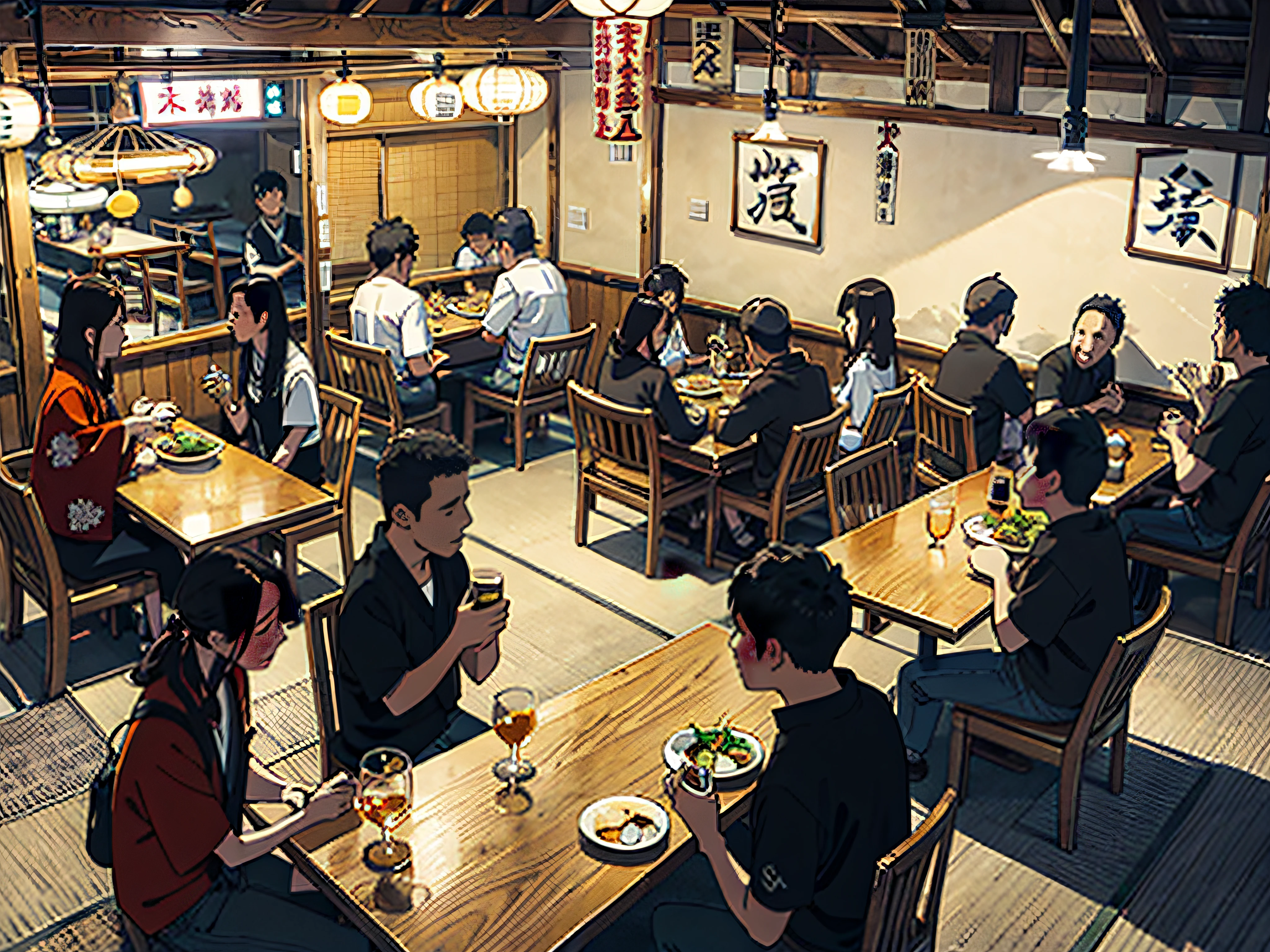 Six men and women eating and drinking at an izakaya in Tokyo