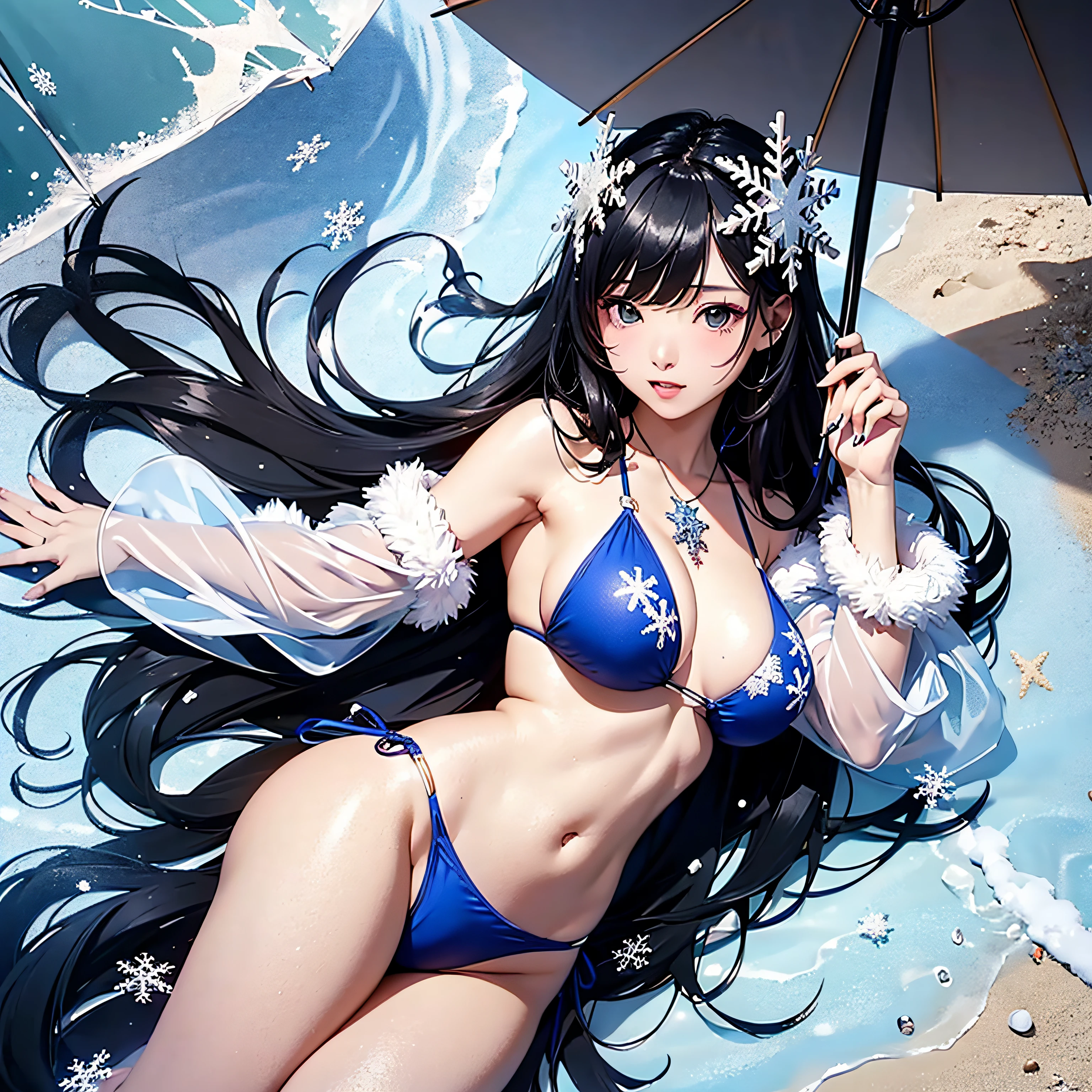 jpn、Beautiful snow woman with long black hair and snowflake hair ornament、18year old、Wearing a blue bikini swimsuit with plenty of snowflake shapes、Lace Paleo、Japanese umbrella、flipflops、sand beach、​masterpiece、realisitic