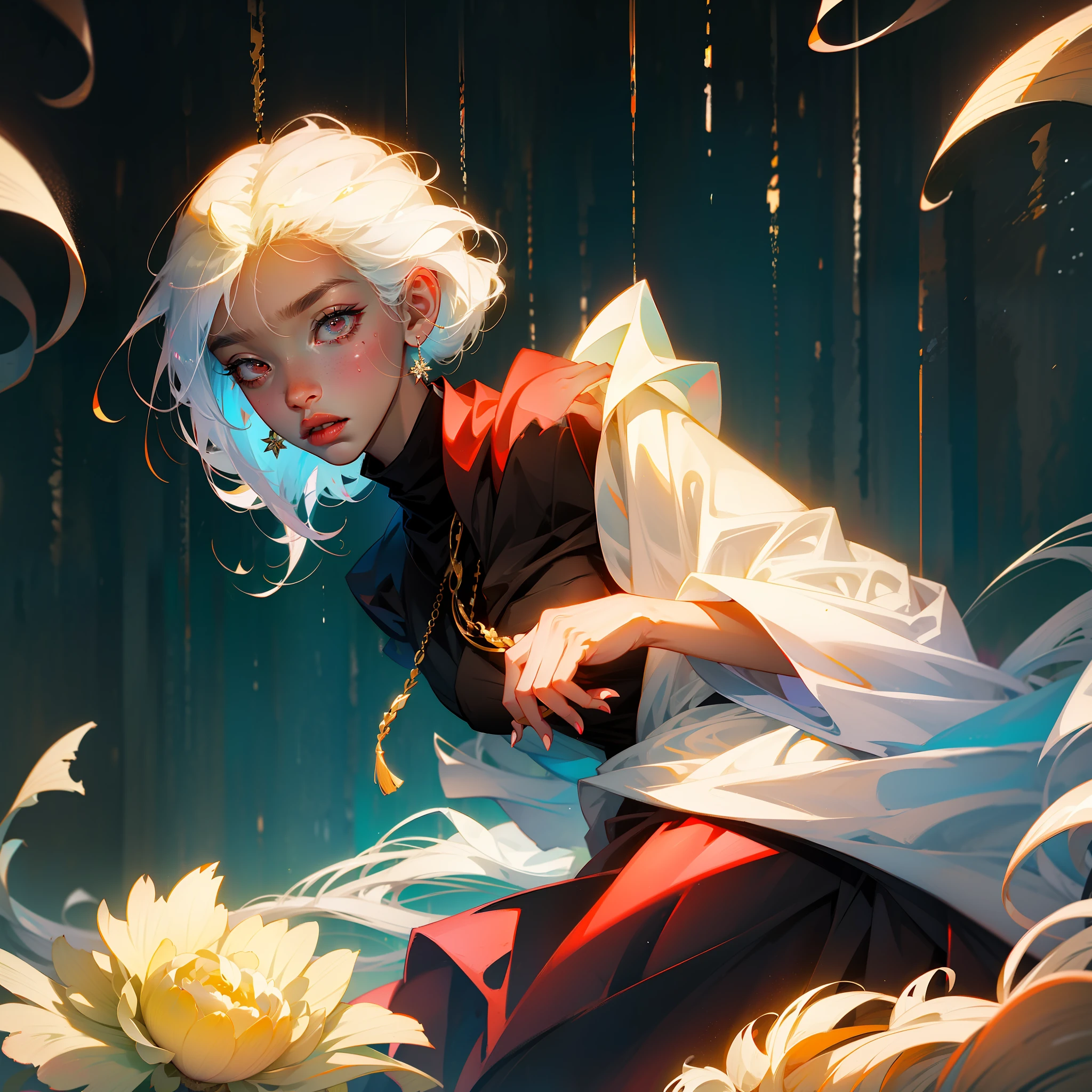 kk, Best quality at best, More details, tmasterpiece, 1boy, kaneki ken, sportrait, malefocus, red eyes, 独奏, By bangs, pupils, hooding, short detailed hair, rain, tokyo tokyo \(city\), hooding,nail polish，White hair，Luxury，8k，the detail，Ray traching，depth of fields，电影灯光，‎Classroom，facing me，huge tit --auto
