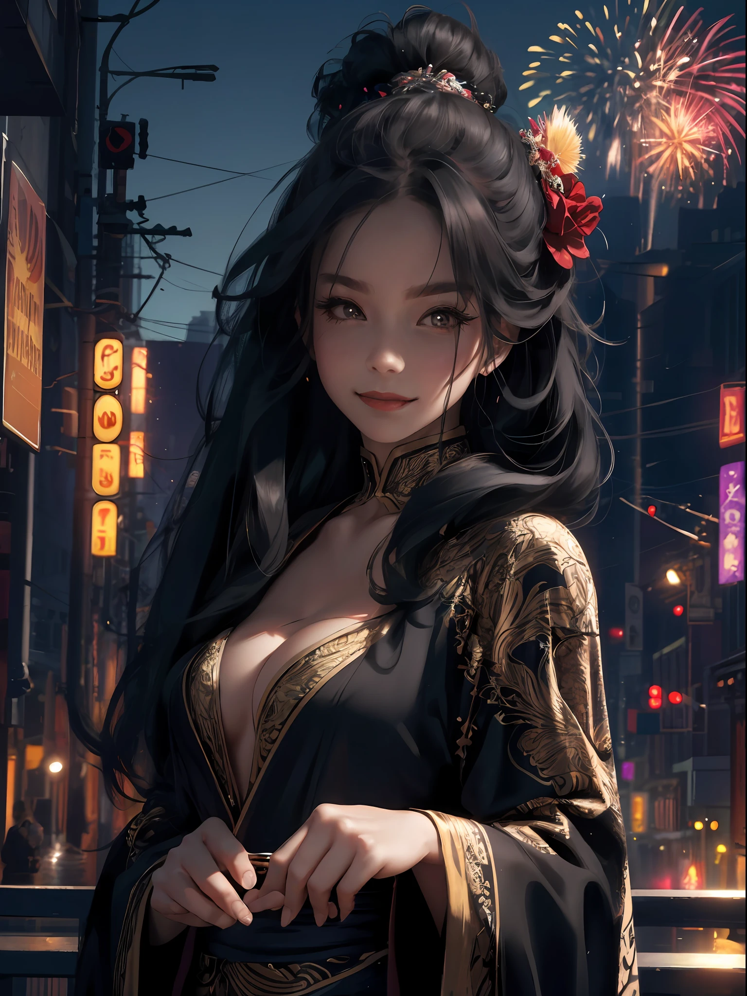 Absurd resolution, high resolution, (masterpiece: 1.4), super detailed, (1 woman: 1.3), big eyes, lipstick, seductive, charming, (solo: 1.4), magnificent scale, large fireworks, festival, kimono, smile, light, background is beautiful cityscape, face super close-up, masterpiece, high resolution, high detail, ultra-fine illustration, vivid colors, cinematic light, exciting light production, attention to detail, vivid colors, Absurd Resolution, High Resolution, (Masterpiece: 1.4), Super Detailed, (1 Woman: 1.3), (Solo: 1.4), Fireworks, Long Hair, Hairpin, Happy, Smile, Wlop, Dark Background,