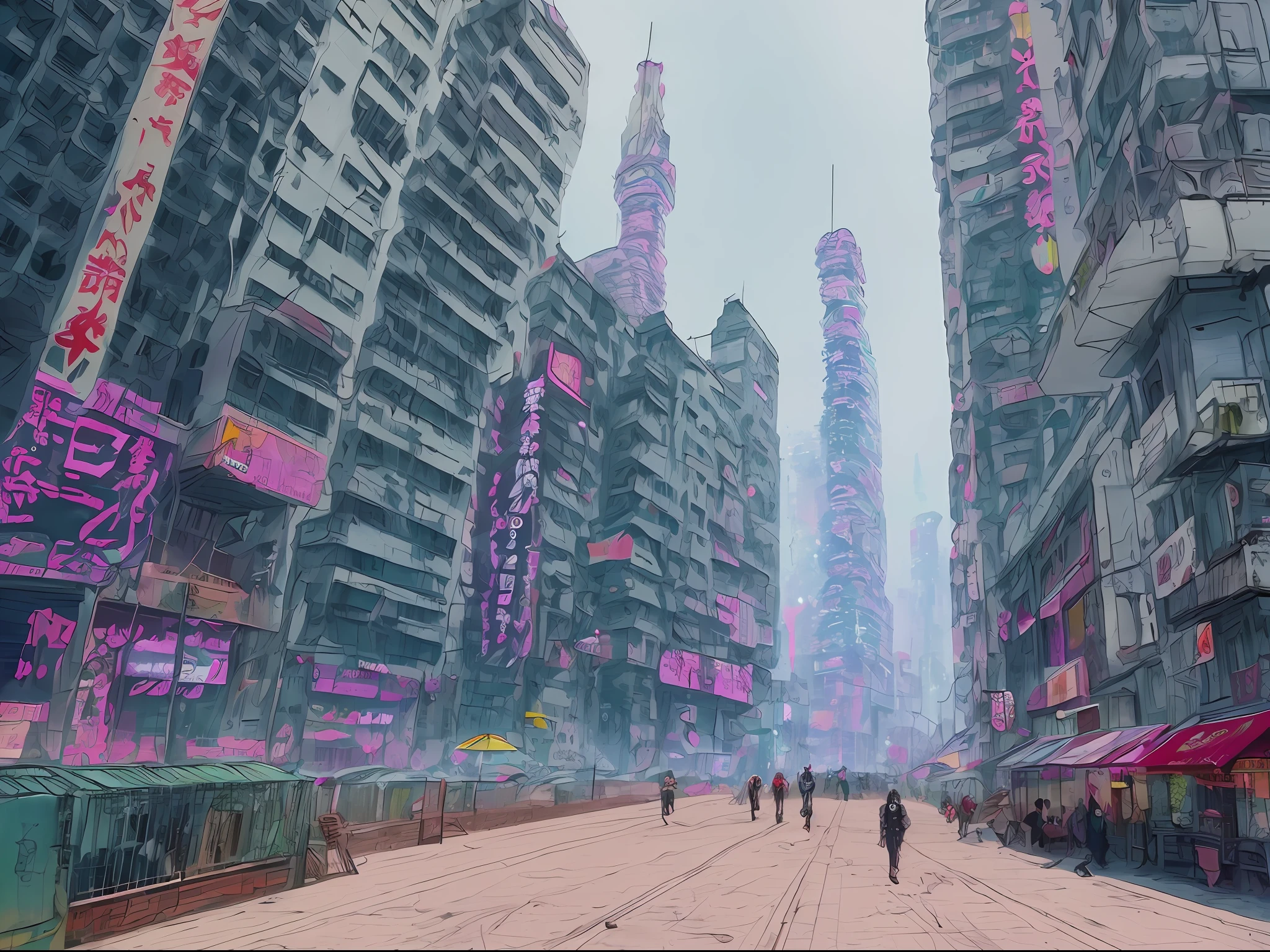 (Obra maestra), (La mejor calidad), (Ultra detallado), (illustration), (tarot), (cyberpunk), (Planta), (Beautiful) - v6 imagen de una ciudad en ruinas siendo invadida por un robot gigante