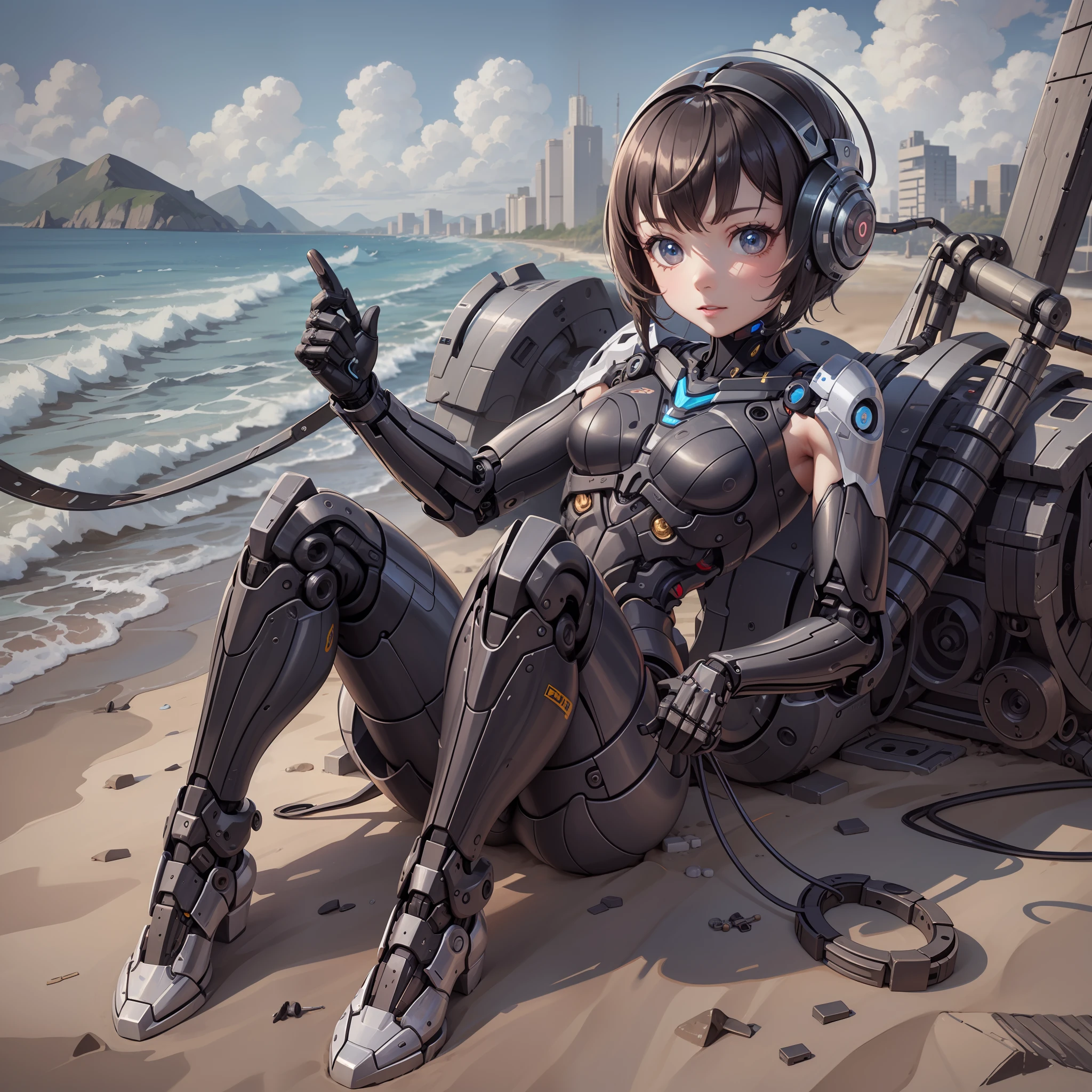 Little girl with cybernetic mechanical parts lying on the beach best quality
