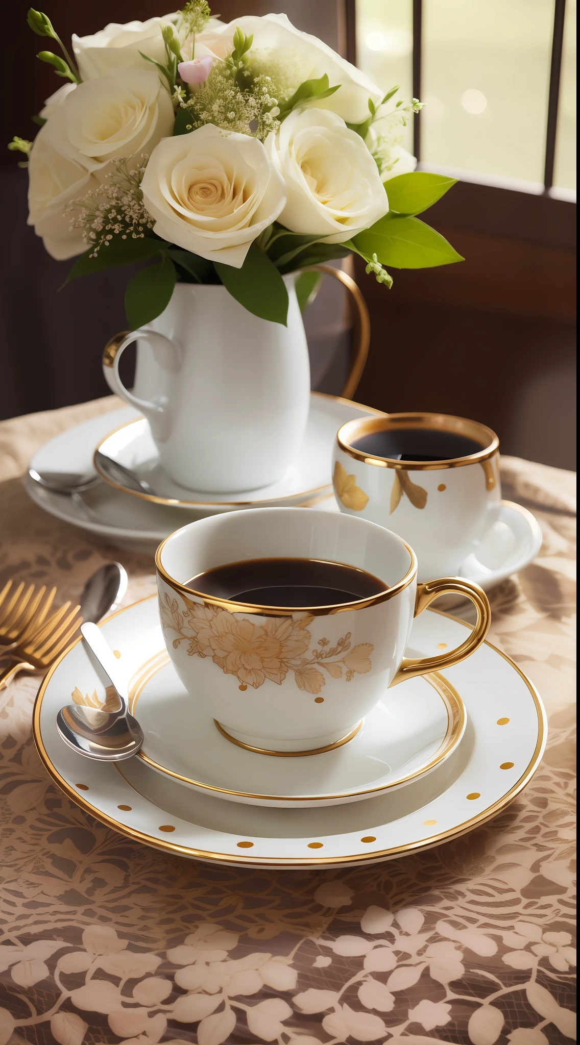 Coffee in a lovely gourmet cup,  Good morning, floral print, daytime lighting, Flowers, Chic, sugar, Coffee beans, Print Flowers, dessert, lace, crystals,  Golden Lines, Professional,  Realistic, Top Quality, tmasterpiece, polka dot tablecloth, Full color, a pastry --auto --s2