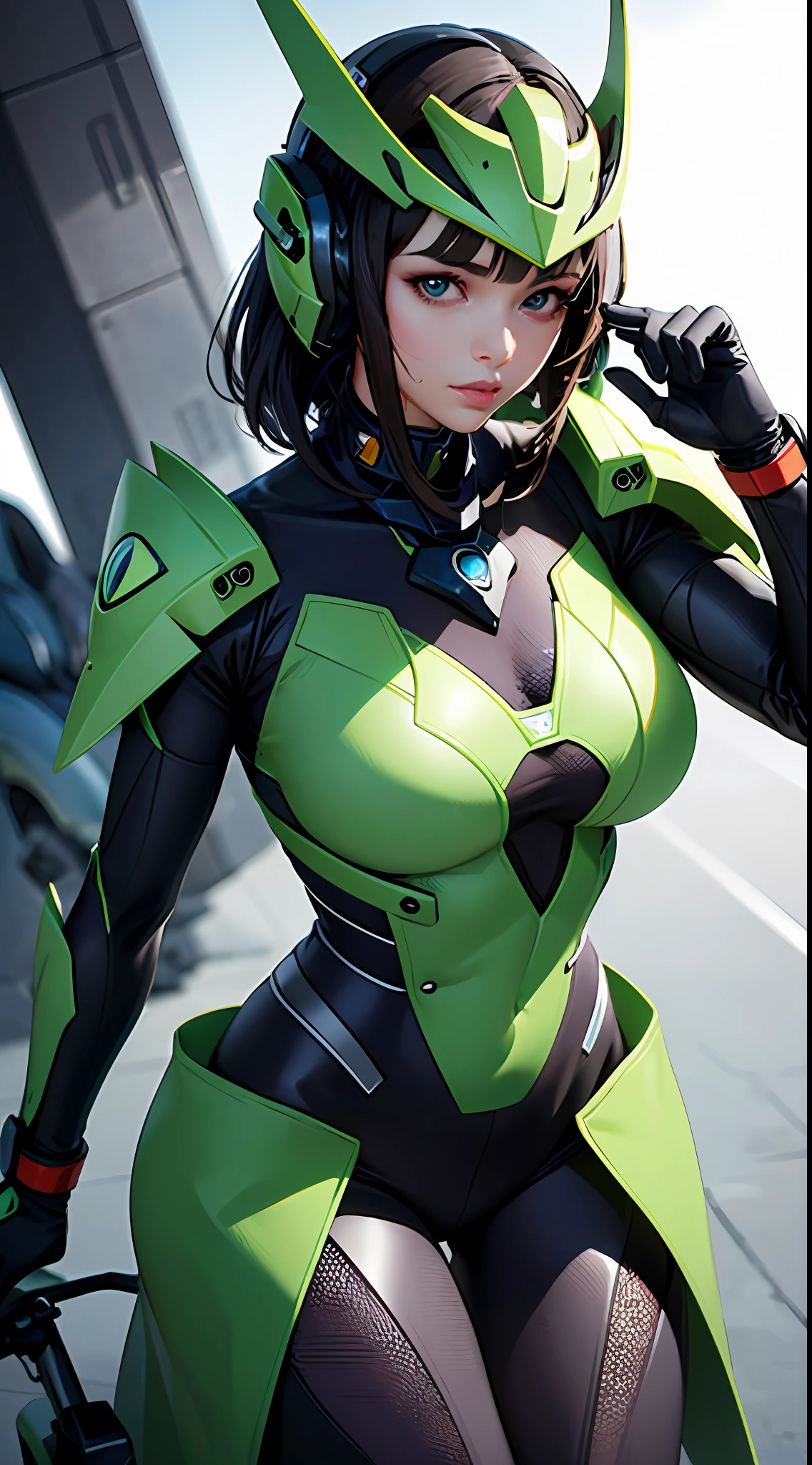 Highest image quality, outstanding details, ultra-high resolution, (realism: 1.4), the best illustration, favor details, highly condensed 1girl, with a delicate and beautiful face, dressed in a black and green mecha, wearing a mecha helmet, holding a directional controller, riding on a motorcycle, the background is a high-tech lighting scene of the future city.