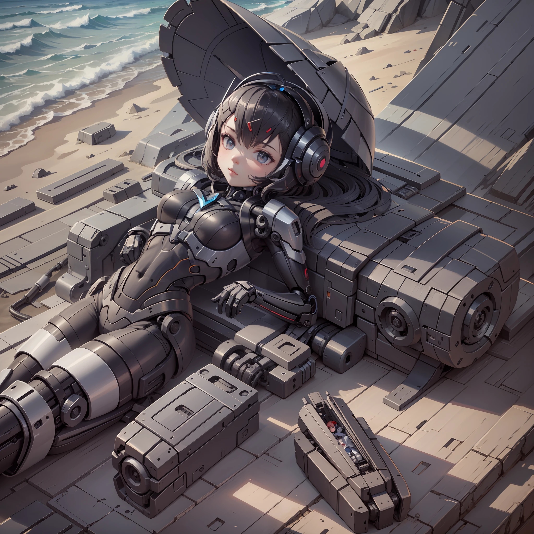 Little girl with cybernetic mechanical parts lying on the beach best quality