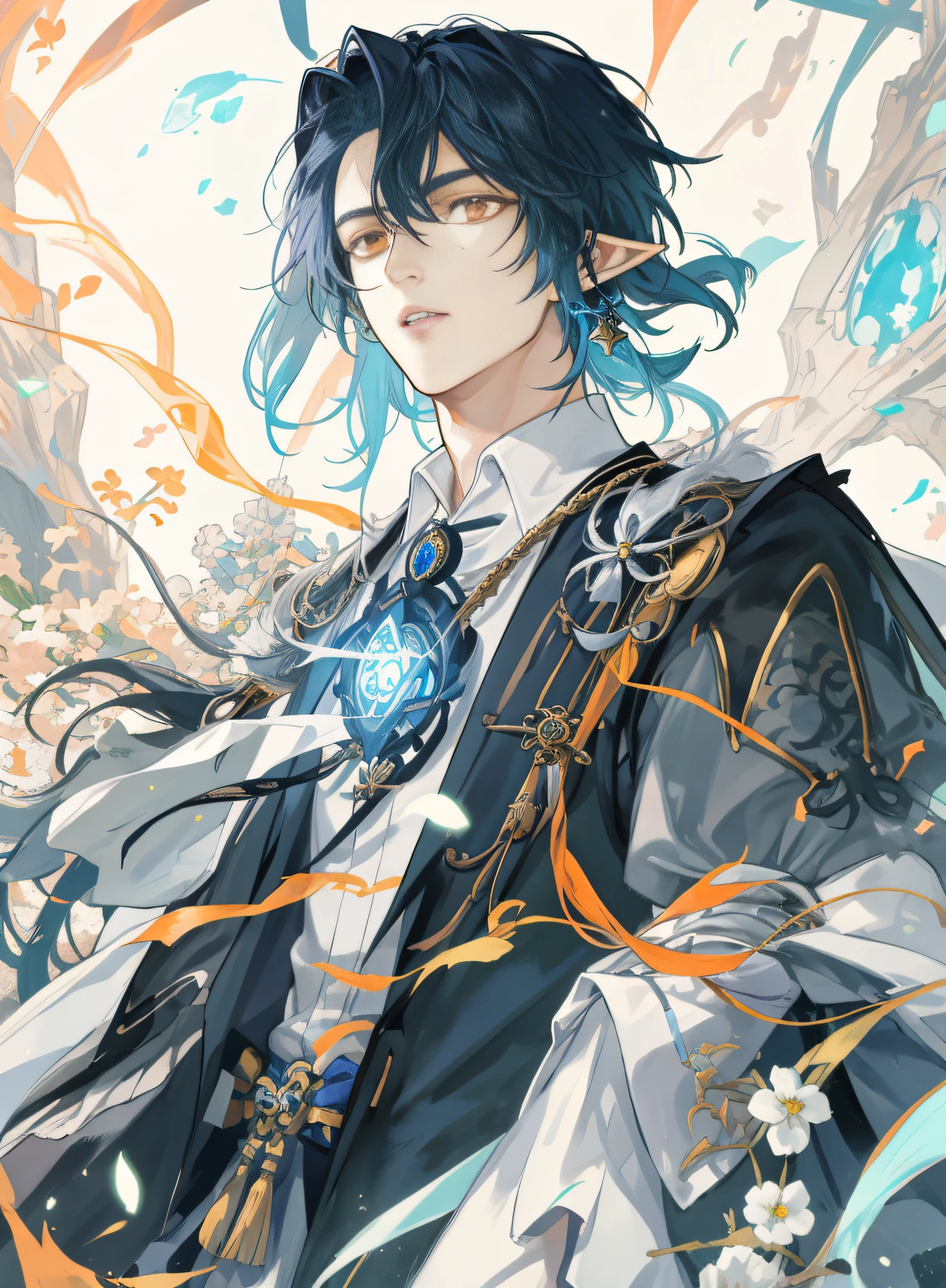 abstracted，Mage of anime characters with blue-black hair and orange eyes, Has a pair of elf-like ears，Wear a white shirt and blue-black mage costume，((A magic aura gathered in his hand))，(There are some magical elements swaying around)，Look down at the audience, zerochan art, highly detailed exquisite fanart,  Zhongli from Genshin，ultra-realistic realism，