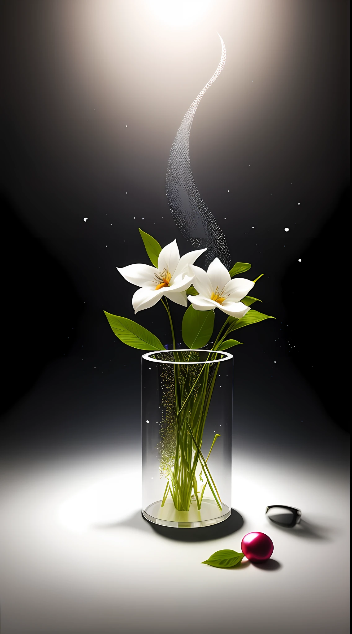A bouquet of white plum blossoms, ultra-transparent, holy light, beautiful spectral light, dew on petals, twinkle, morning background, transparent droplets, reflected light, bright, light flowing inward, optical, portrait silhouette, sharp focus, magical, intricate, surrealism, fantasy, composition, light, art station trend, pearl, silver patronus cloud pair, caustic surround ray family 16k, ureal ar 23v4 uplight