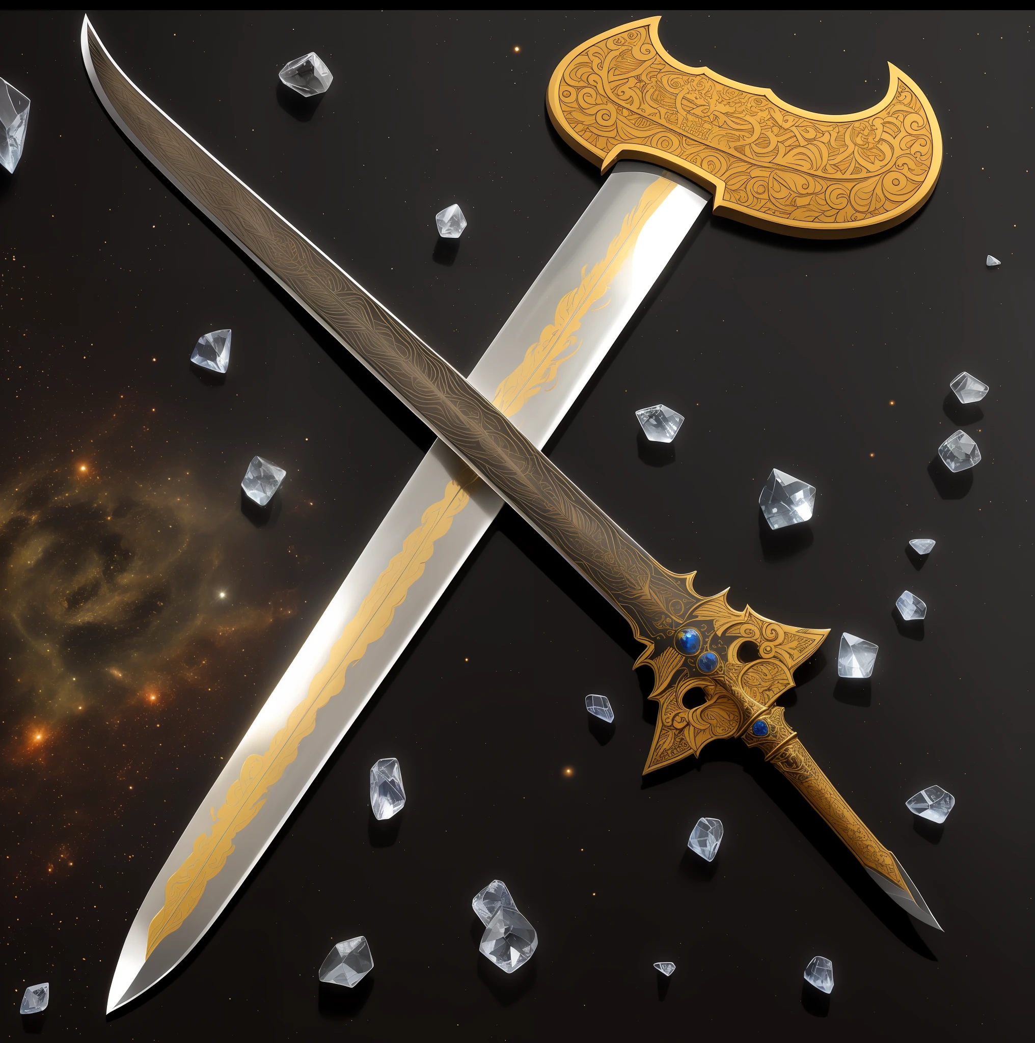 there are two knives that are laying on a table, Javanese dagger , very sharp and detailed, large sword, detailed and sharp, beautiful sword, very detailed and sharp, extremely detailed and sharp, engraved blade, one broadsword, dagger, very sharp and detailed image, enveloped by a radiant aura. Seat them on a magnificent throne within a cosmic backdrop, floating on crystal clouds, surrounded by the splendors of the universe. Pay meticulous attention to stunning details and achieve a resolution of 64K for an immersive and realistic visual experience. Let your work capture the essence of myth and wonder, leaving viewers in awe of its beauty and power.