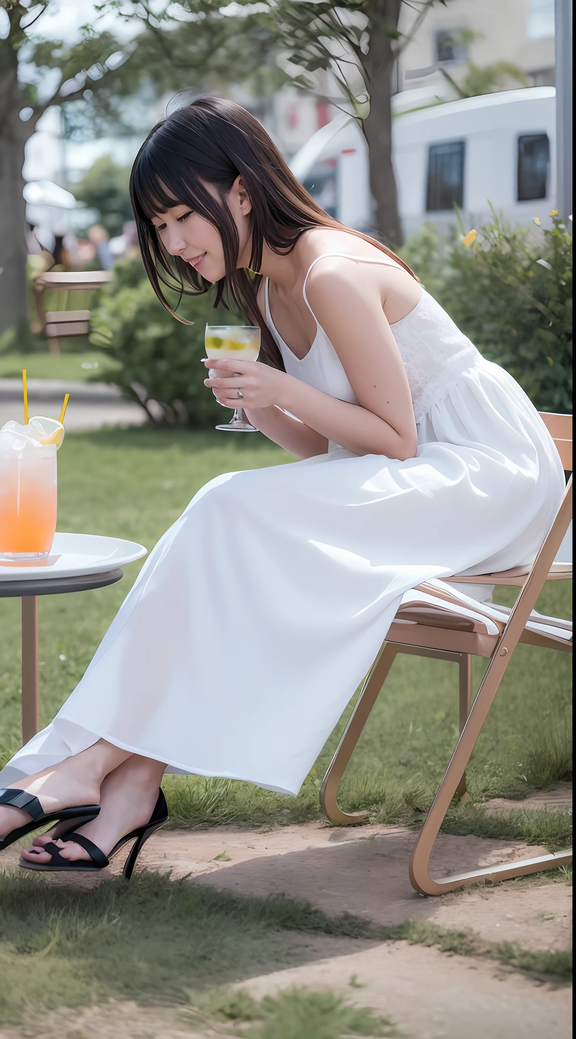 Woman sitting on a chair in the park,Drinking drinks and a plate of food, wears a white dress, in a maxi white dress, shot with canon eoa 6 d mark ii, in a long white dress, wearing a cute white dress, taken with canon 8 0 d, Wearing a white dress, shot in canon 50mm f/1.2