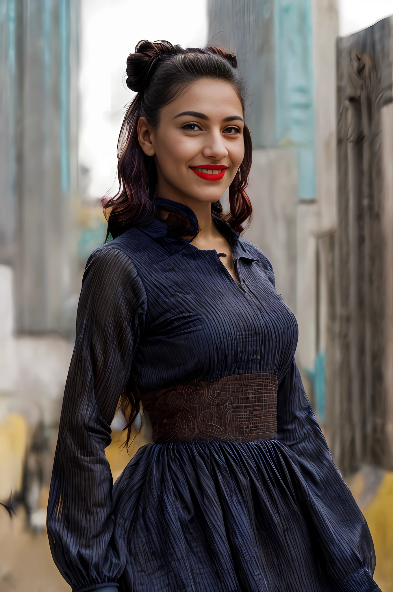 a cyberpunk portrait photo of  a 18-year-old guatemalan woman smiling,  (futuristic (guatemala folk) short dress very light in futuristic materials such as carbon fiber), pronounced feminine feature, insane details, intricate details, hyperdetailed, complex background, futuristic city, she has ((short wavy (blue) and violet hairs)) and (glossy) (((violet lipstick))), high detail kin with skin pores, brown moles, acne and skin imperfections and blushes, (trendy two chignons, trendy two buns in hair)