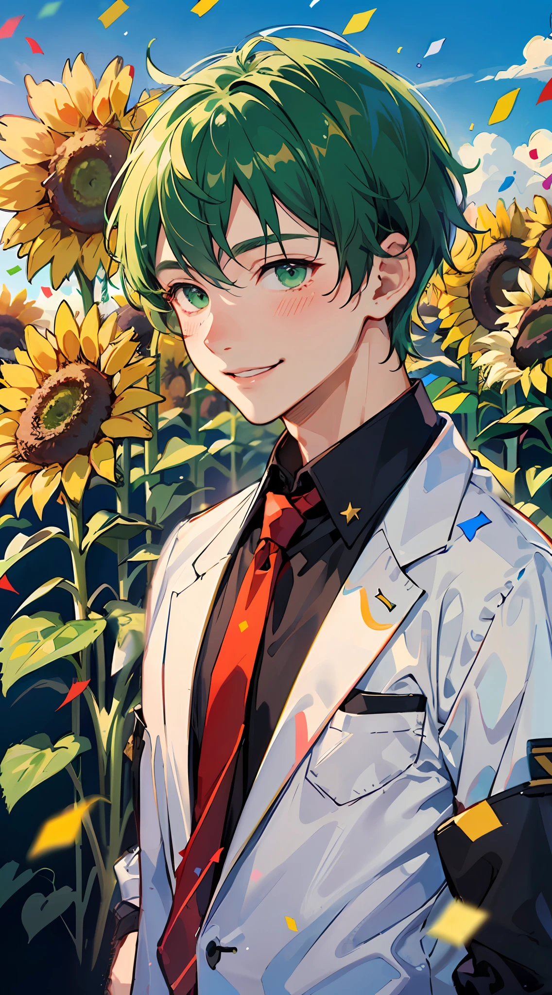 Master masterpiece、best qualtiy、8K、(16 years old male:1.5)、green very short hair,Cute face、Green eyes, blush,Smile,(Confetti:1.2),with a large number of sunflowers、White shirt、short red necktie、Beautiful sky background