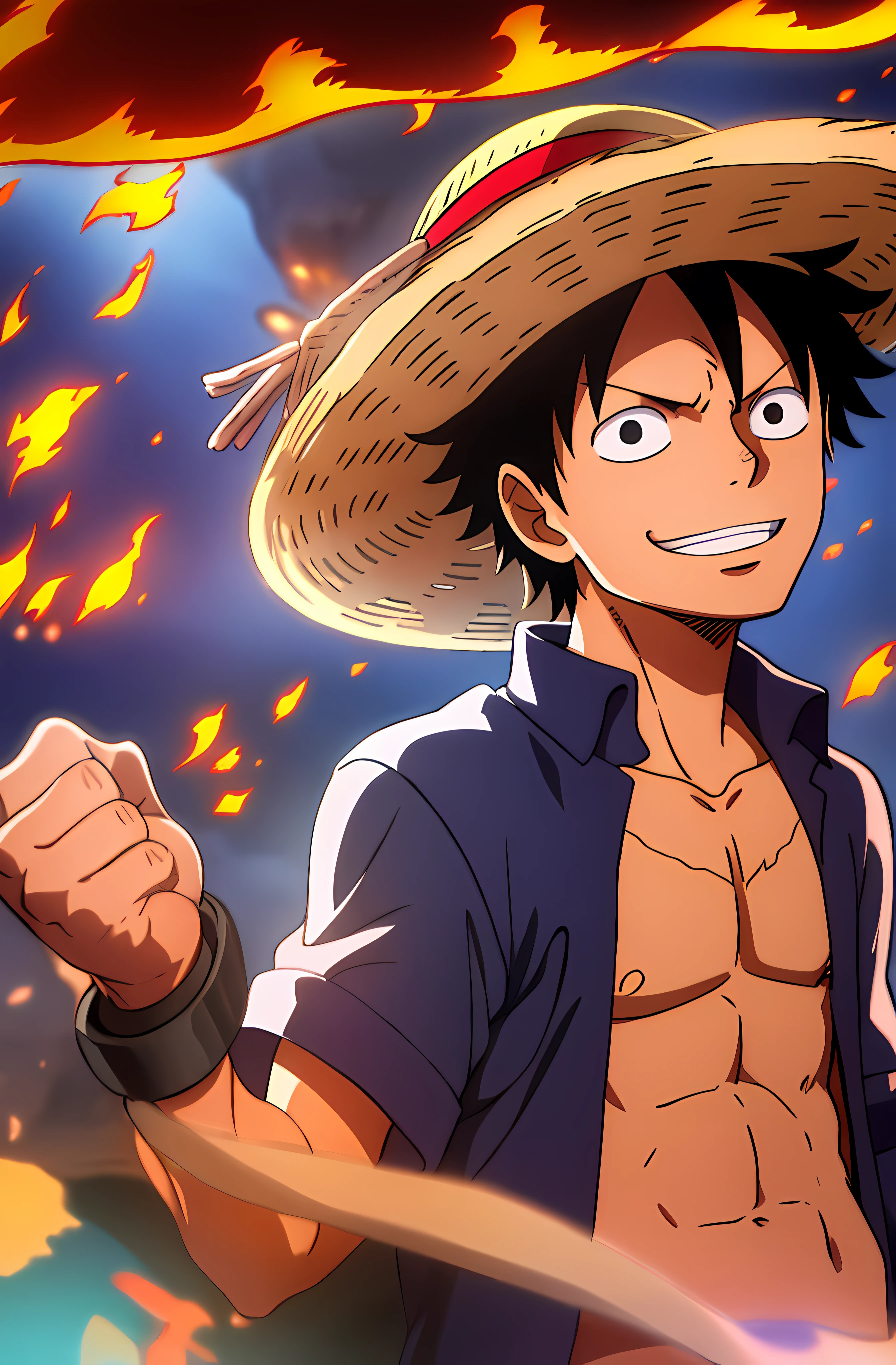 1boy, wanostyle, monkey d luffy, smiling, straw hat, looking at viewer, solo, upper body, ((masterpiece)), (best quality), (extremely detailed), depth of field, sketch, dark intense shadows, sharp focus, soft lighting, hdr, colorful, good composition, fire all around, spectacular, closed shirt, anime screencap, scar under eye, ready to fight, black eyes