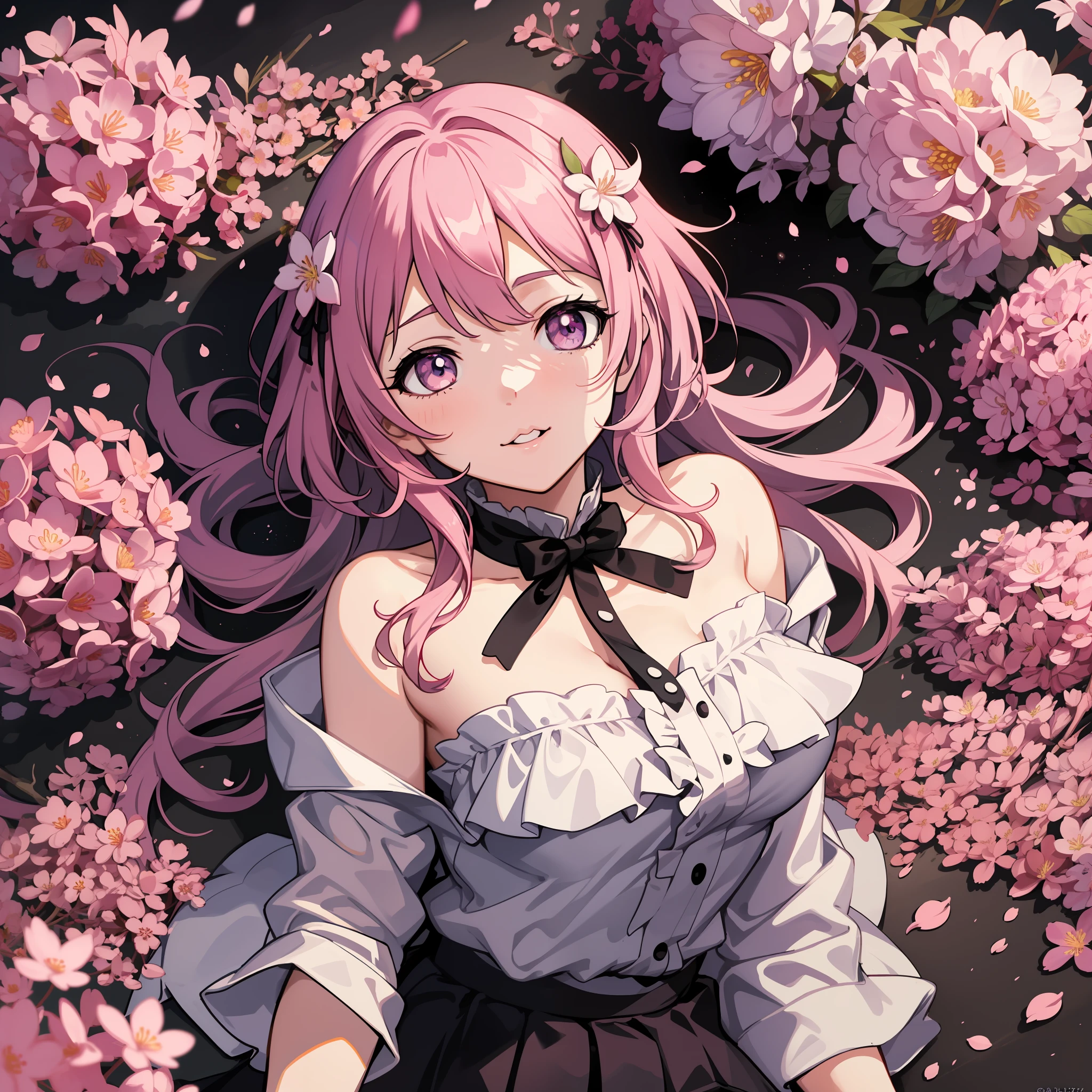 anime girl laying on the ground with pink flowers in the background, sakura petals around her, beautiful anime girl, cute anime girl, nightcore, anime style 4 k, anime wallpaper, pretty anime girl, anime art wallpaper 4 k, 4k anime wallpaper, anime art wallpaper 4k, seductive anime girl, guweiz on pixiv artstation, anime wallpaper 4 k