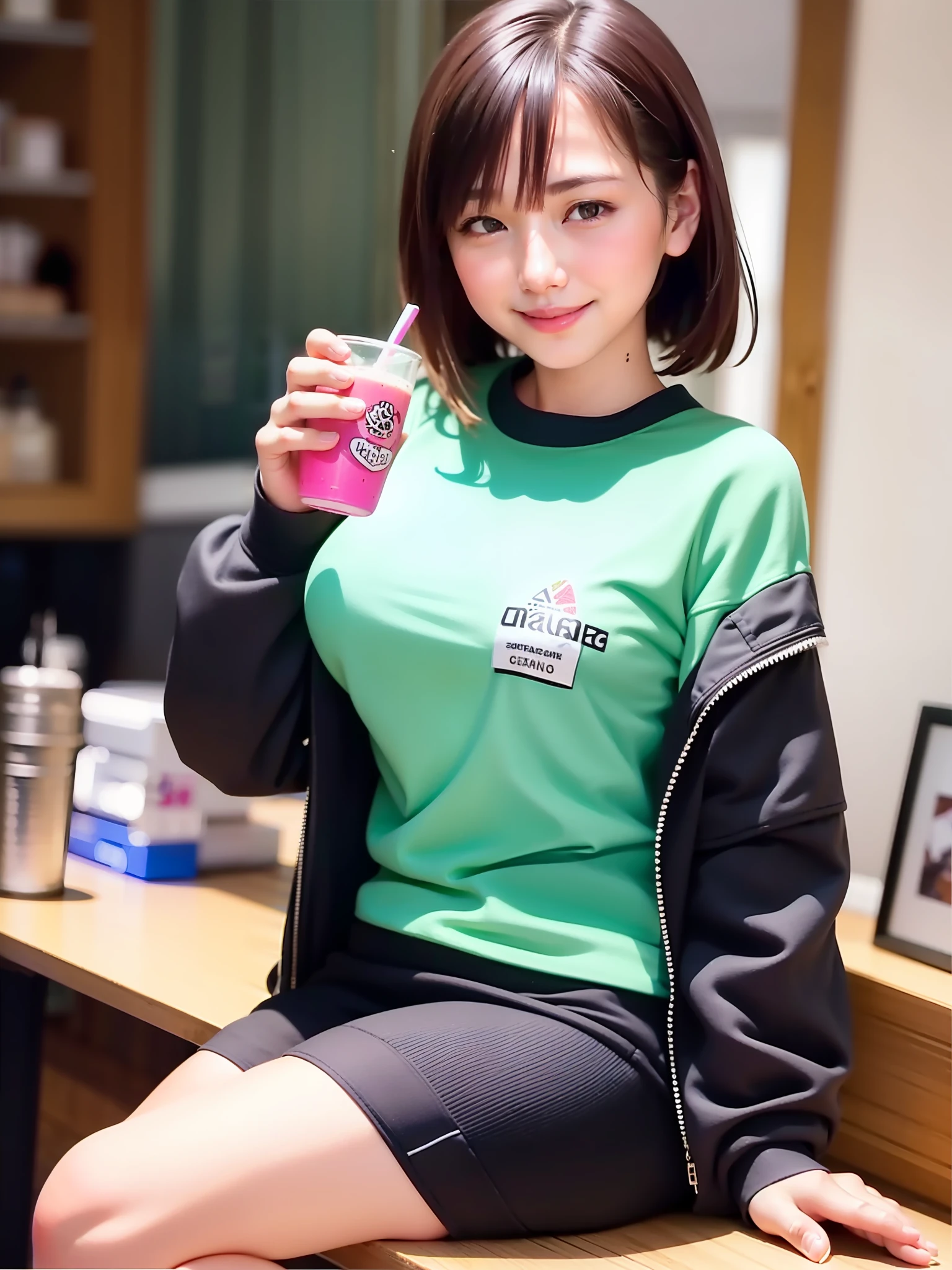 1girl in、big tit、Jogging Wear、Have a smoothie、sports、Delicate face、a smile、high picture quality、short-cut