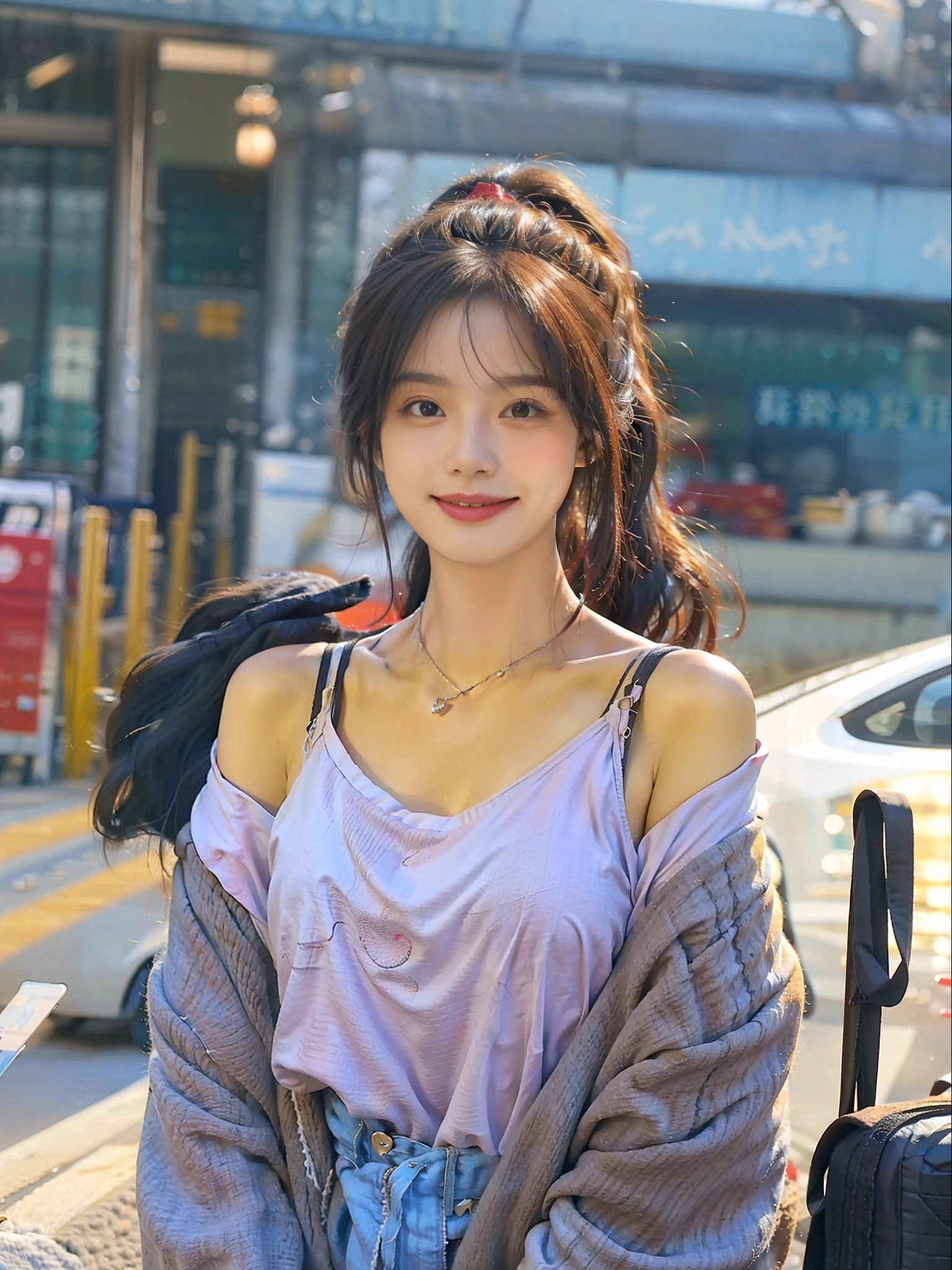 best qualtiy, tmasterpiece, 超高分辨率, realisticlying, 1girll, bshoulders, Smile light sense upper body