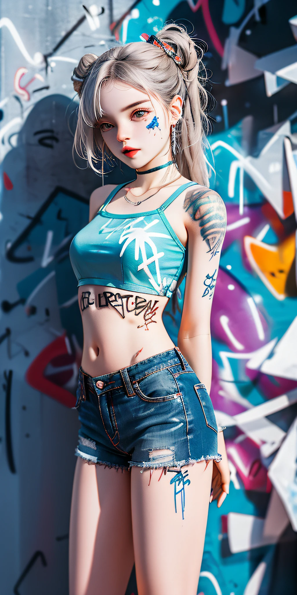 absurdres, best quality,1girl, solo, streaked hair, crop top, denim shorts, choker, (graffiti:1.4), paint splatter, arms behind back, (slouching), (leaning back:0.5), against wall, (leaning to the side:0.5), looking at viewer, armband, thigh strap, streaked hair, paint on body, upturned eyes, head down, head tilt, (from side:1), bored