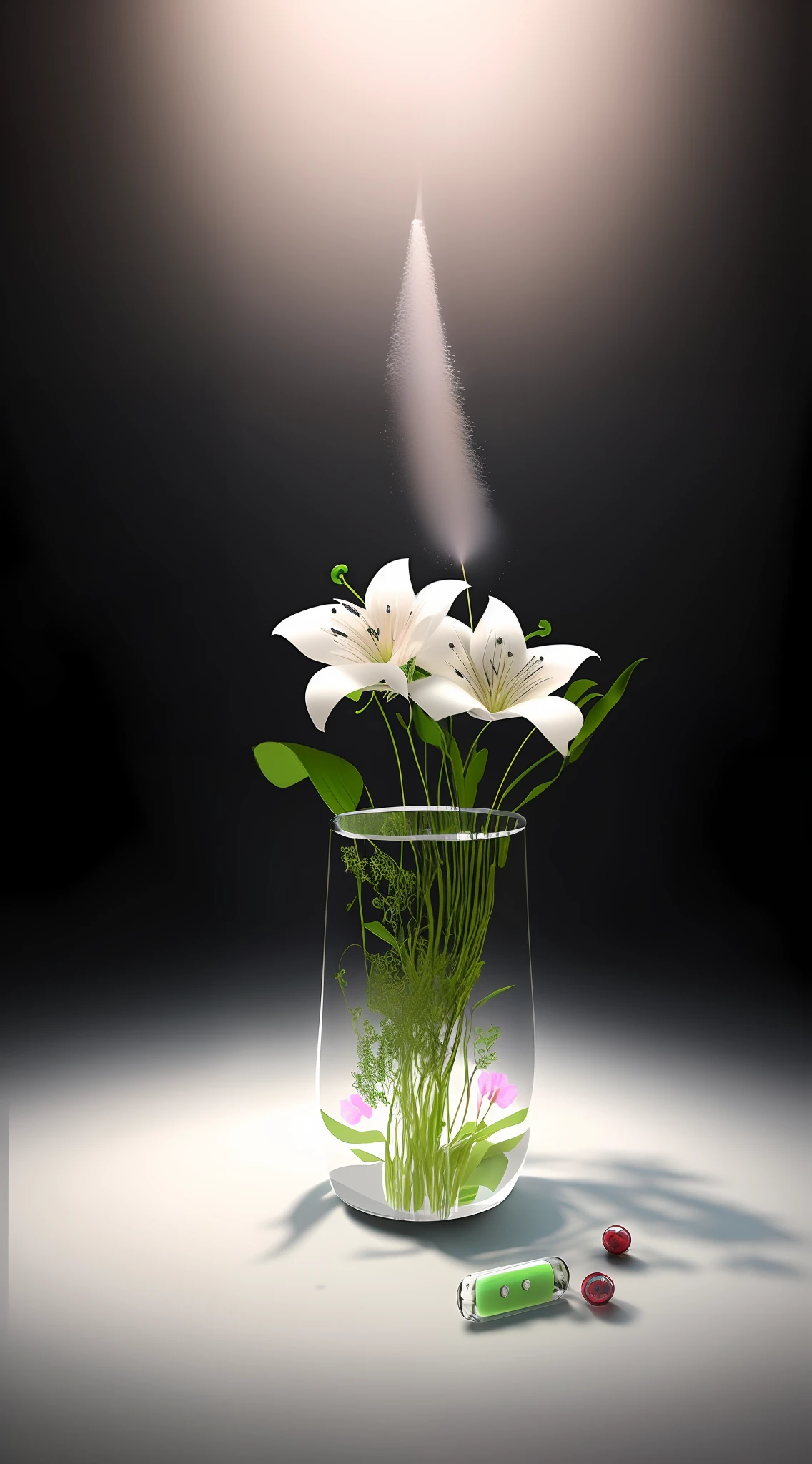 There is a vase,There are flowers inside,There was a pill on the ground, flowers exploding and spraying, the lilies. 8 k'', Luminous flowers, vase with flowers, 3 d artistic render, glowing delicate flower, Elegant composition, awesome greate composition, in style of 3d render, beautiful composition 3 - d 4 k, Magical flowers, Plants in a glass vase