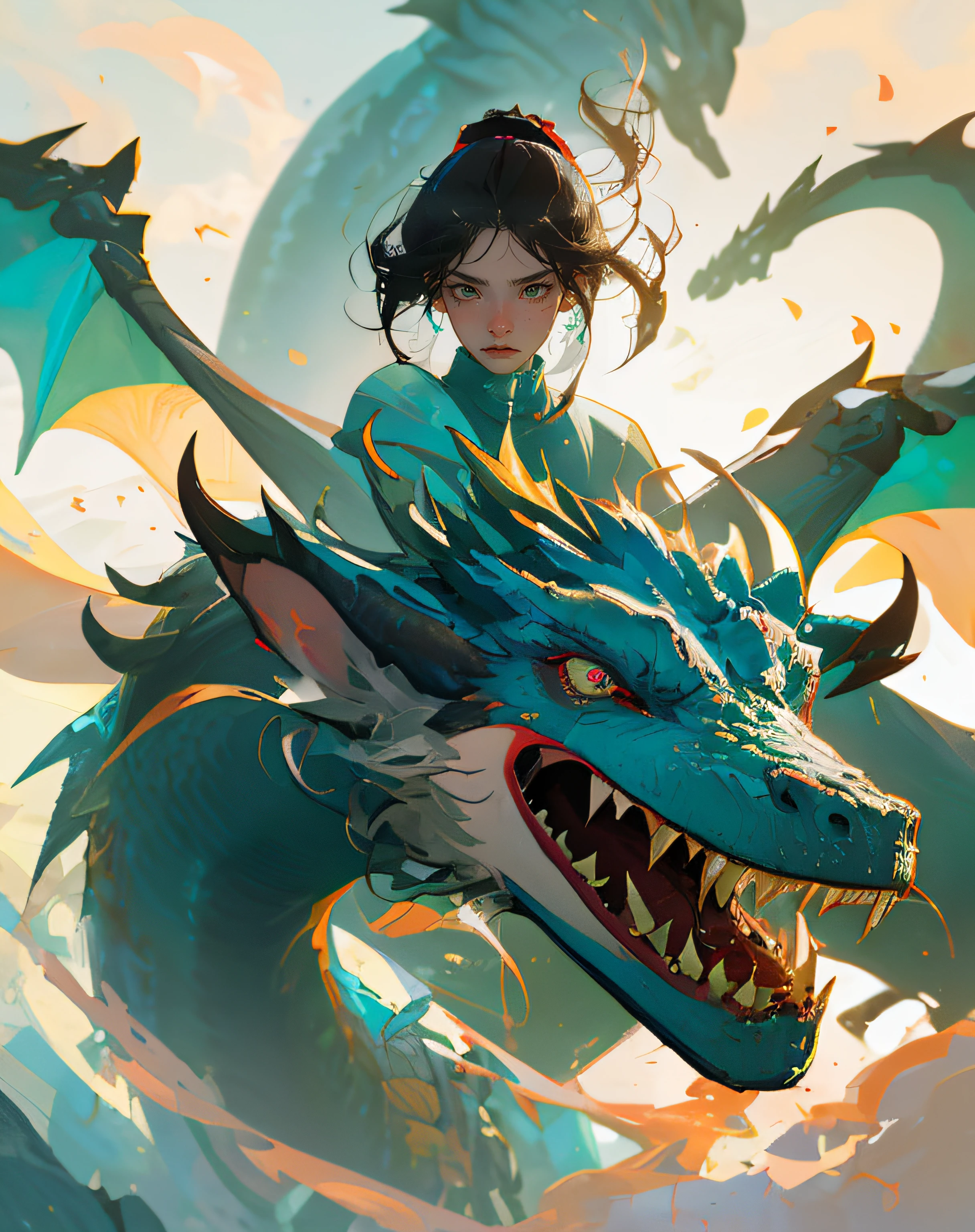 A beautiful woman's artwork, Artistic composition, Emotion, hyperactive, sport, Particle, tmasterpiece, highest quality,1girll,11 dragons