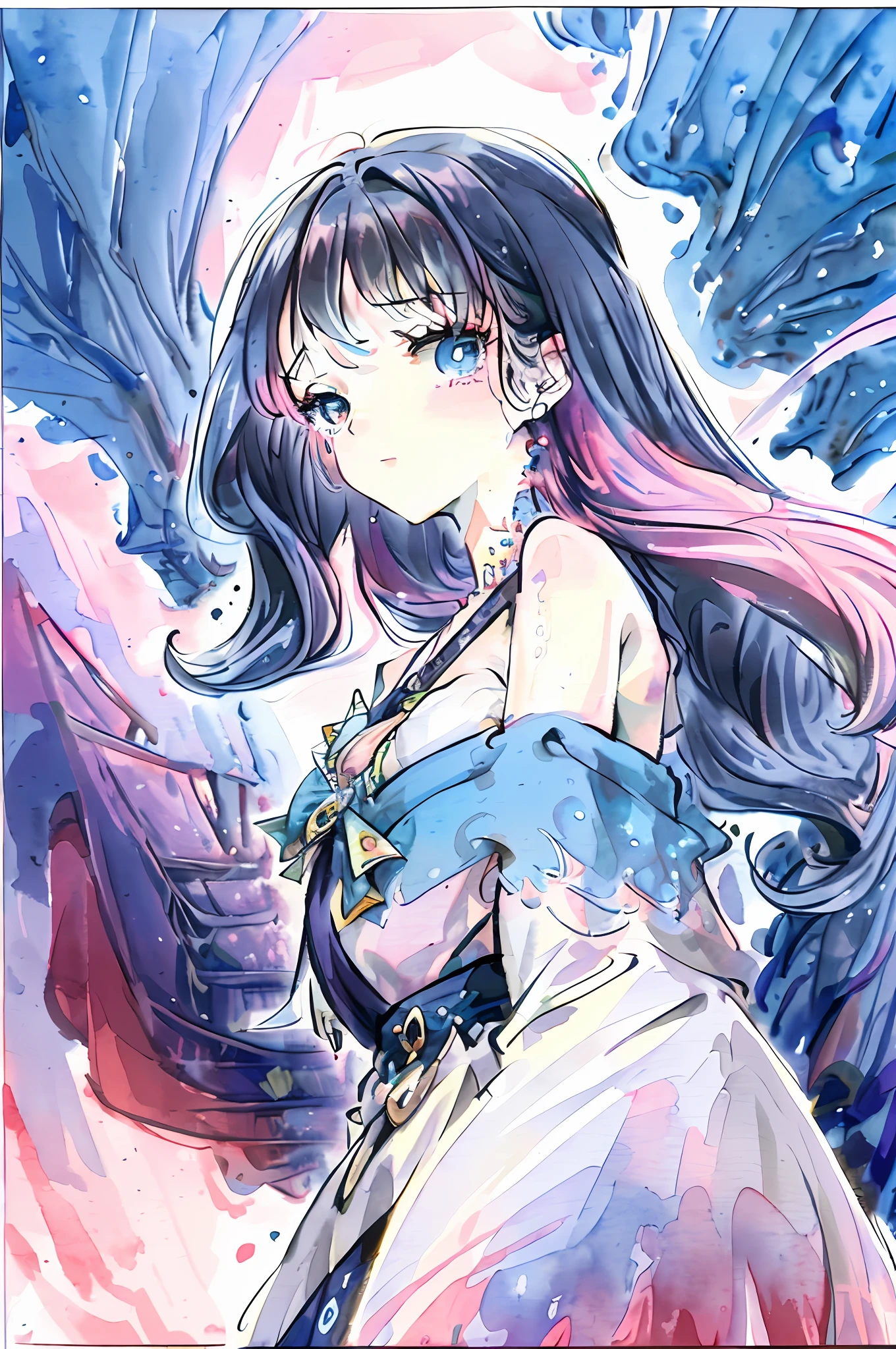 (masterpiece, top quality, best quality,watercolor (medium),official art, beautiful and aesthetic:1.2),(1girl:1.3), (fractal art:1.3),upper body, from side, looking at viewer,patterns,(rainbow color Hair,colorful hair,half blue and half pink hair:1.2),water,liquid, cloud,colorful, starry,stars,