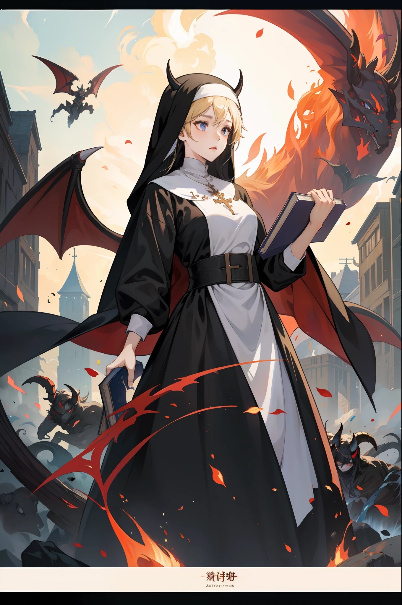 Anime character with book surrounded by horns and demon demons, an evil nun, artbook artwork, vampire nun, artwork in the style of guweiz, guweiz on pixiv artstation, guweiz on artstation pixiv, epic light novel art cover, anime fantasy illustration,