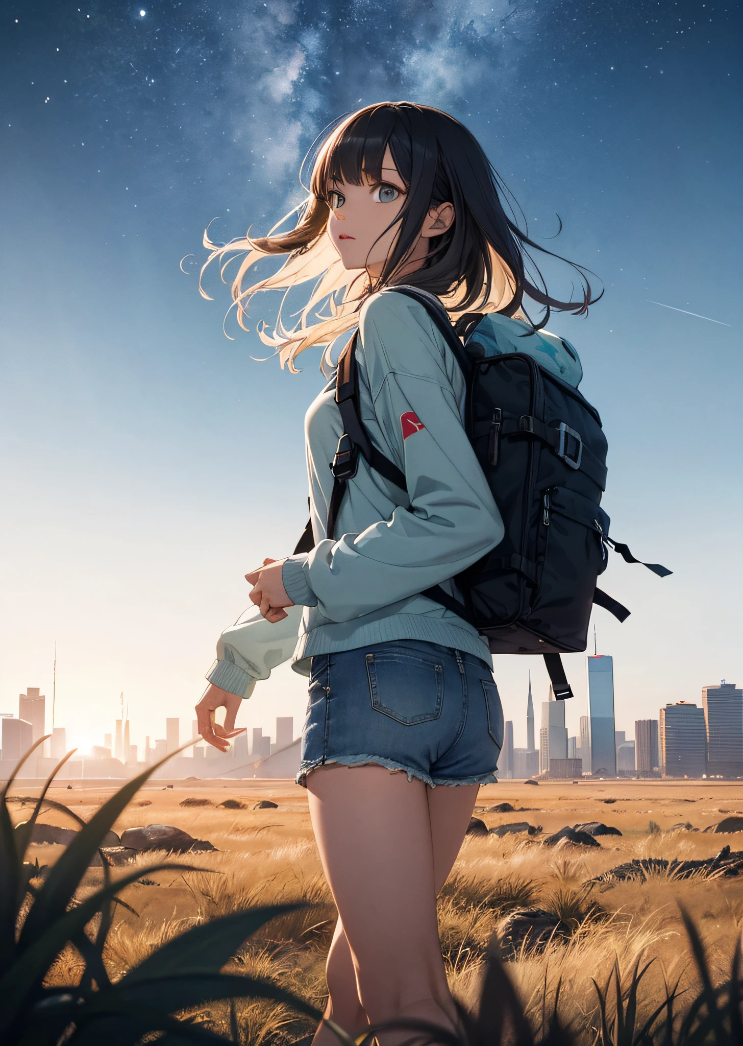 The vast sky, beautiful skyline, large grasslands, extremely tense and dramatic pictures, moving visual effects, the high-hanging Polaris, and colorful natural light. Long-sleeved top, denim shorts, and a girl with a backpack.