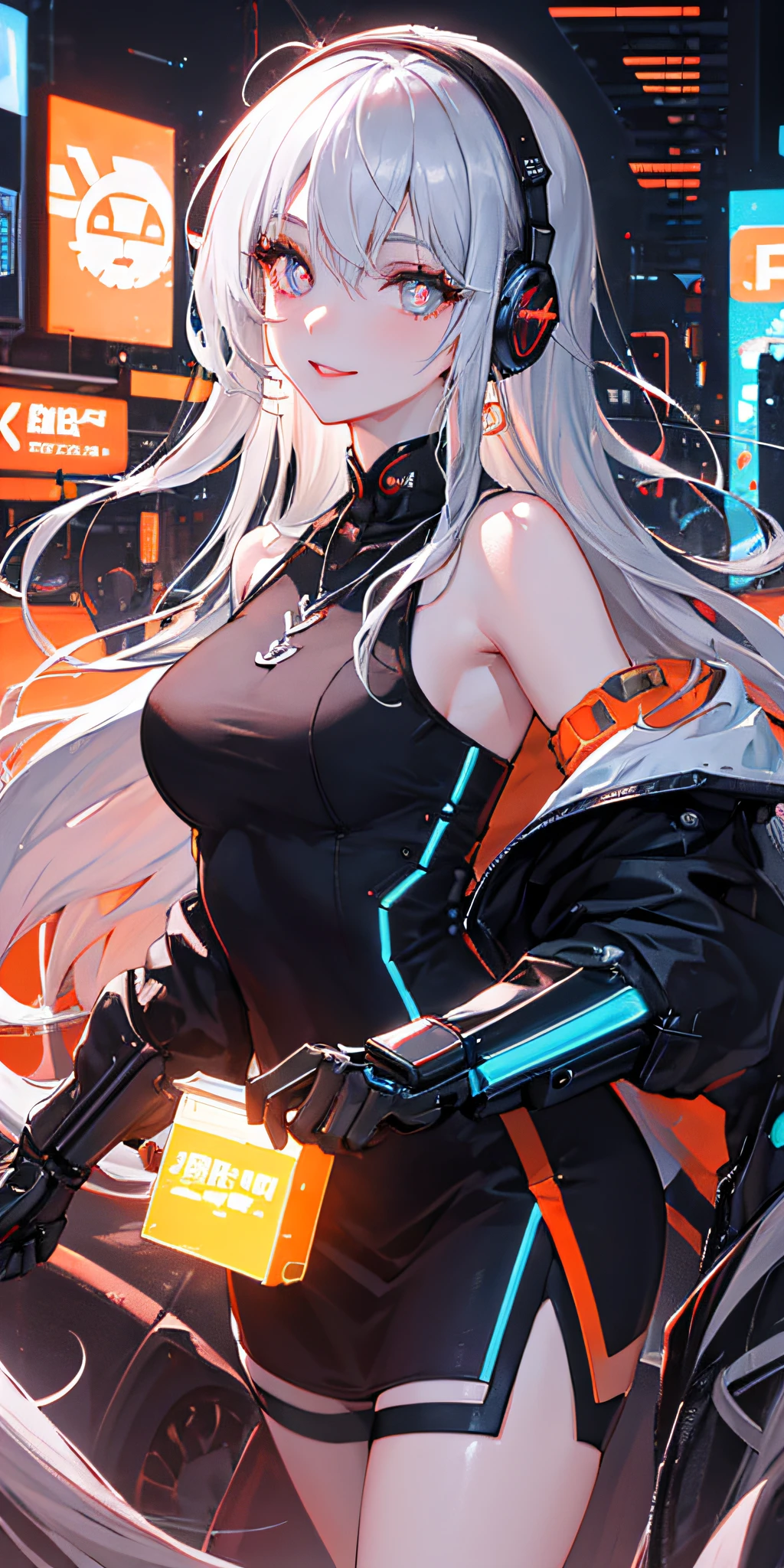 1 girl, Chinese_clothes, liquid silver and orange, cyberhan, cheongsam, cyberpunk city, dynamic pose, detailed luminous headphones, glowing hair accessories, long hair, glowing earrings, glowing necklace, cyberpunk, high-tech city, full of mechanical and futuristic elements, futuristic, technology, glowing neon, orange, orange light, transparent tulle, transparent streamers, laser, digital background urban sky, big moon, with vehicles, best quality, masterpiece, 8K, character edge light, Super high detail, high quality, the most beautiful woman in human beings, micro smile, face facing front and left and right symmetry, ear decoration, beautiful pupils, light effects, visual data, silver white hair, super detail facial texture